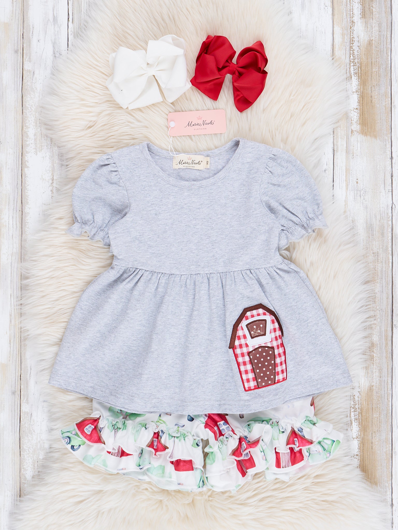 Grey Embroidered Barn Floral Ruffle Outfit - Marie Nicole Clothing