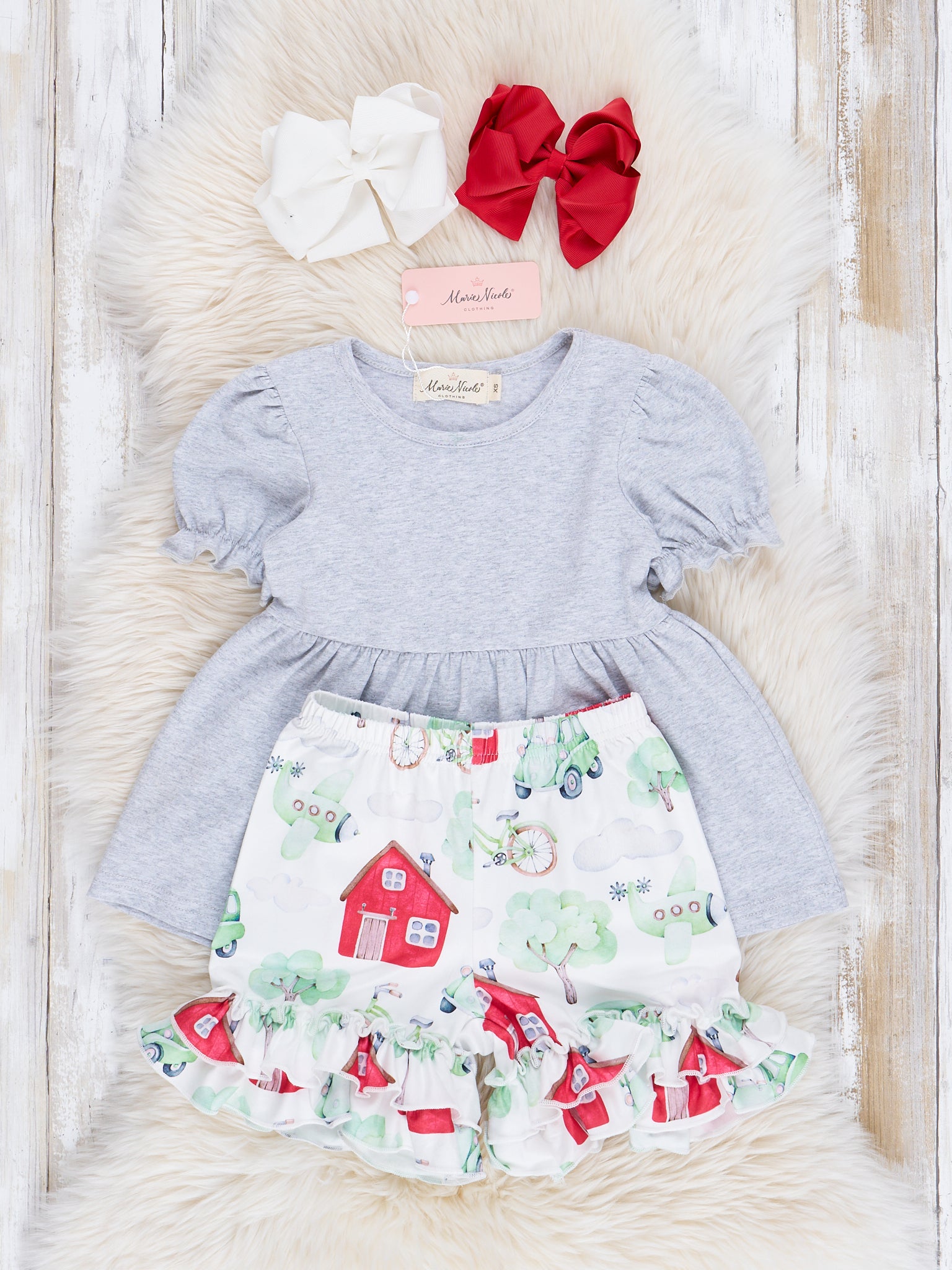 Grey Embroidered Barn Floral Ruffle Outfit - Marie Nicole Clothing