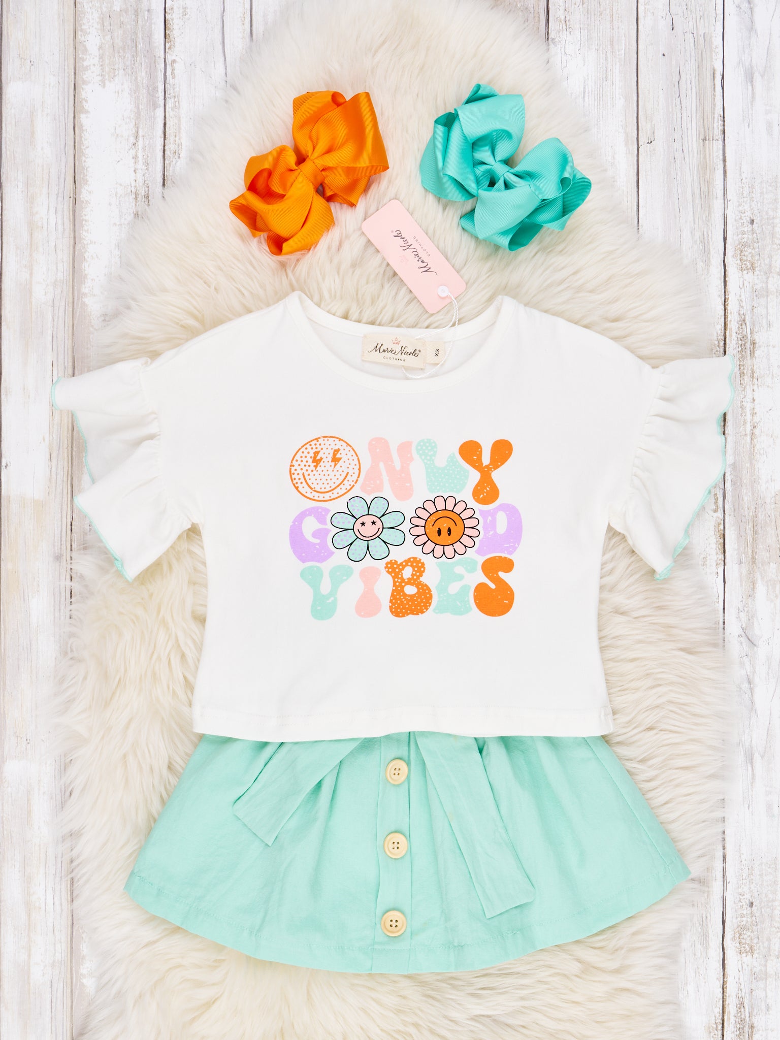 Retro "Only Good Vibes" Ruffle Outfit - Marie Nicole Clothing