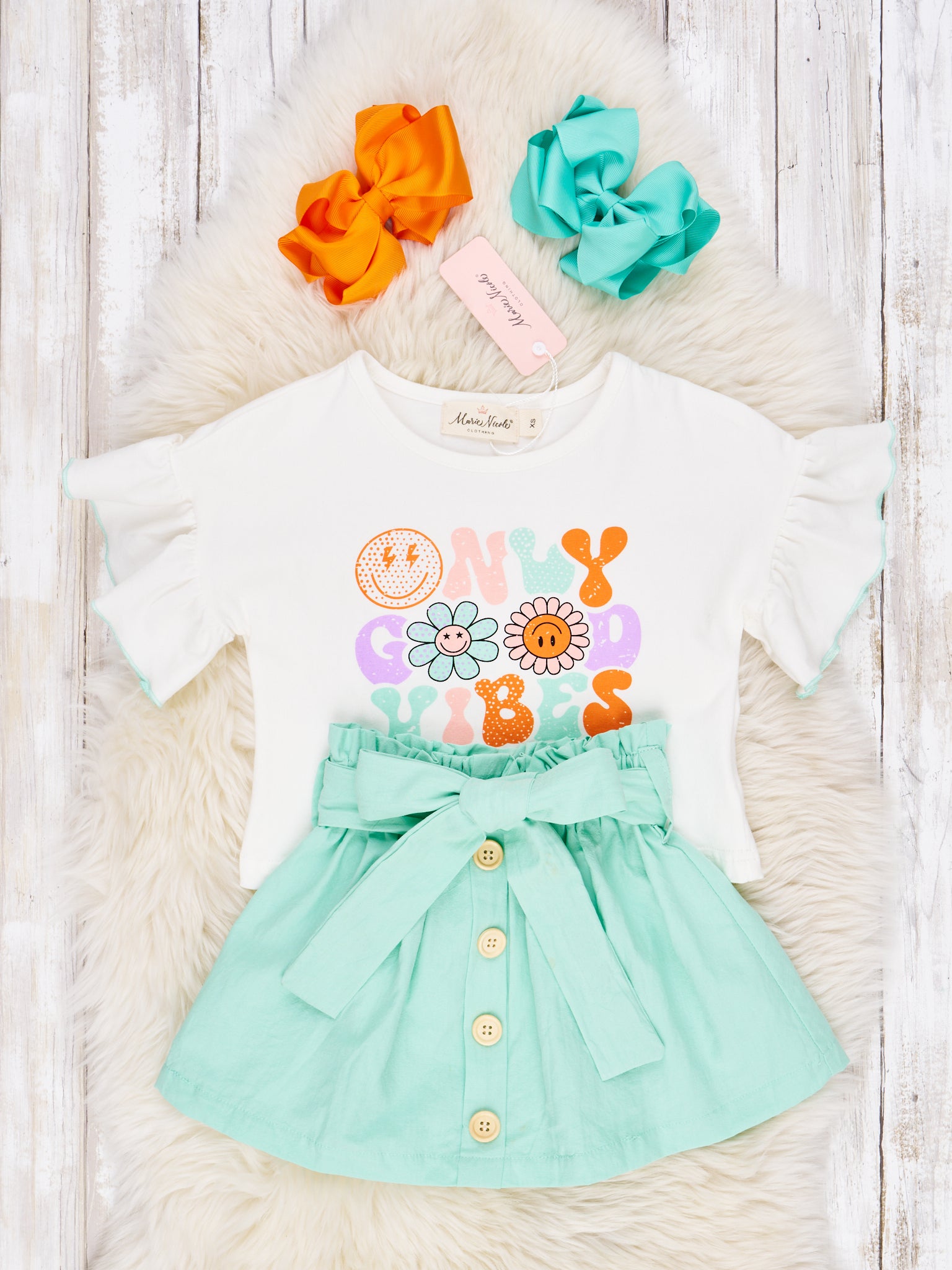 Retro "Only Good Vibes" Ruffle Outfit - Marie Nicole Clothing
