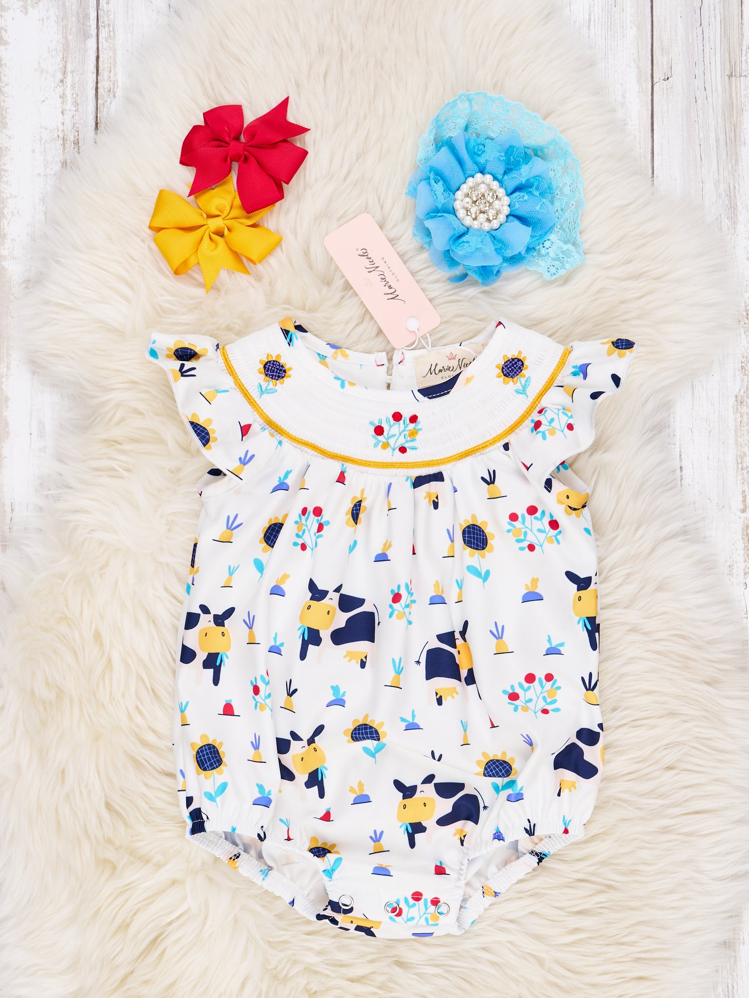Smocked Happy Cow Ruffle Romper - Marie Nicole Clothing