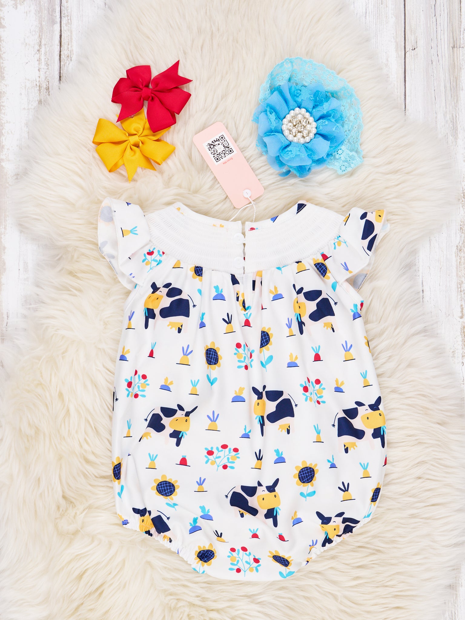 Smocked Happy Cow Ruffle Romper - Marie Nicole Clothing