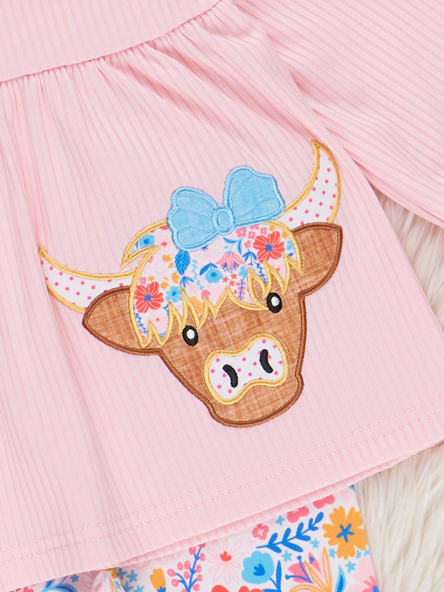 Pink Floral Embroidered Cow Ruffle Outfit - Marie Nicole Clothing