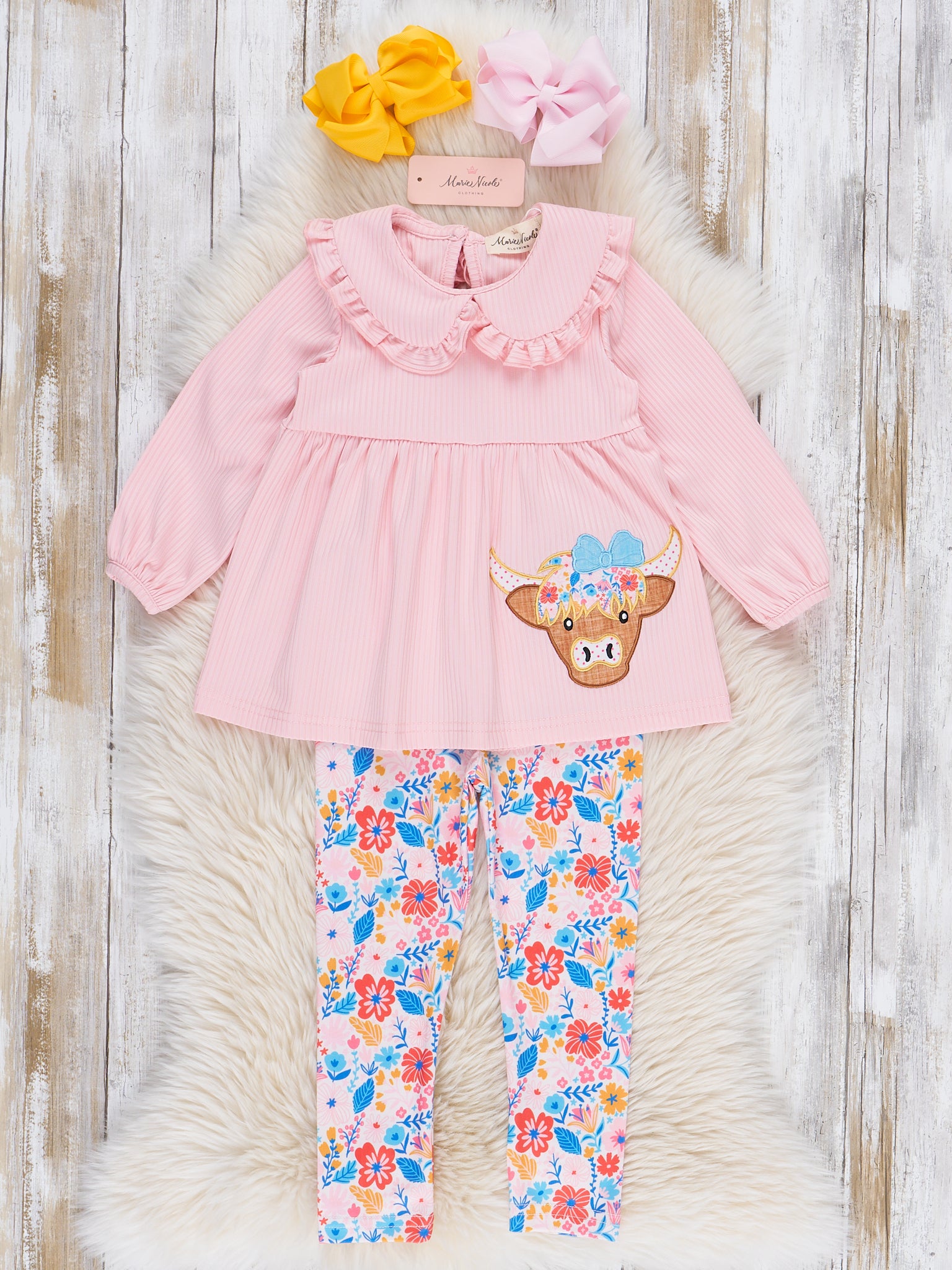 Pink Floral Embroidered Cow Ruffle Outfit - Marie Nicole Clothing