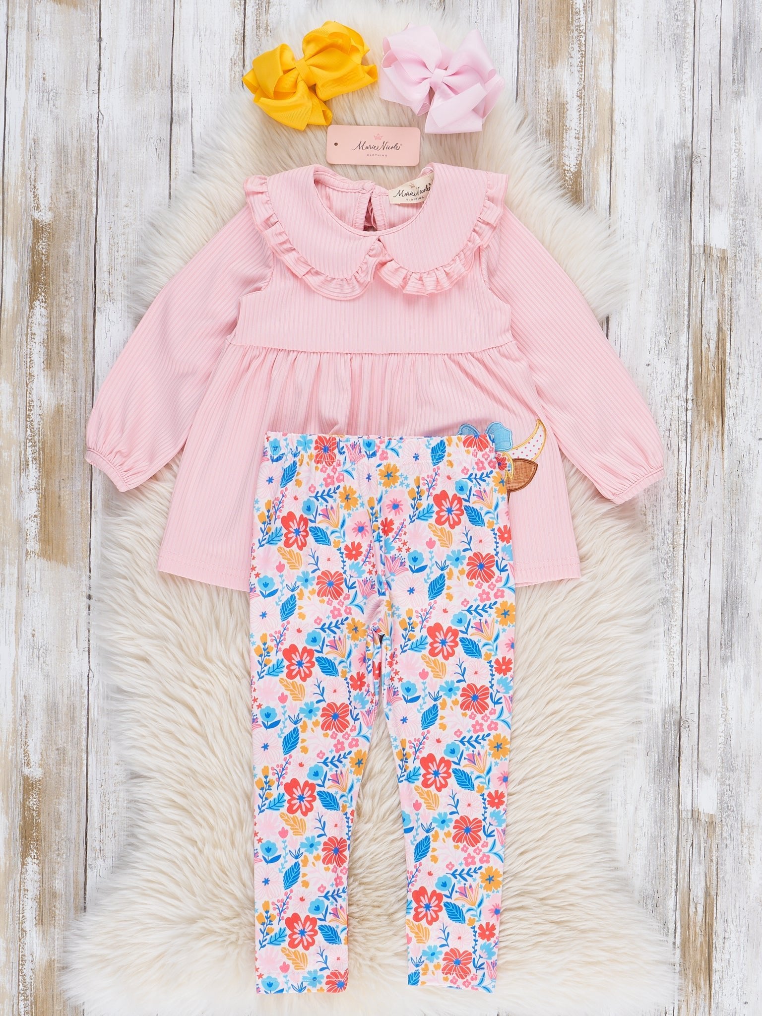 Pink Floral Embroidered Cow Ruffle Outfit - Marie Nicole Clothing