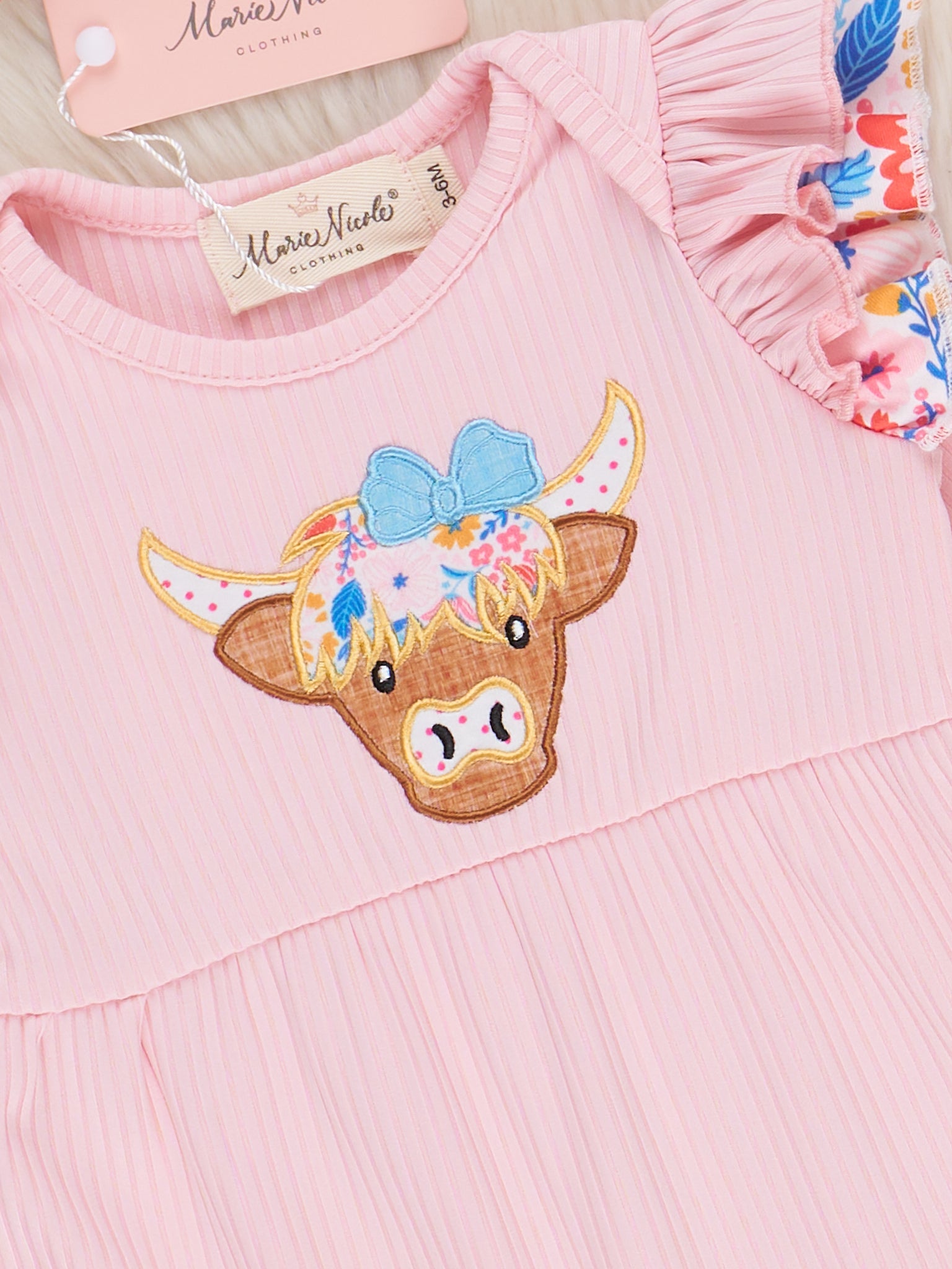 Pink Floral Embroidered Cow Ruffle Romper - Marie Nicole Clothing