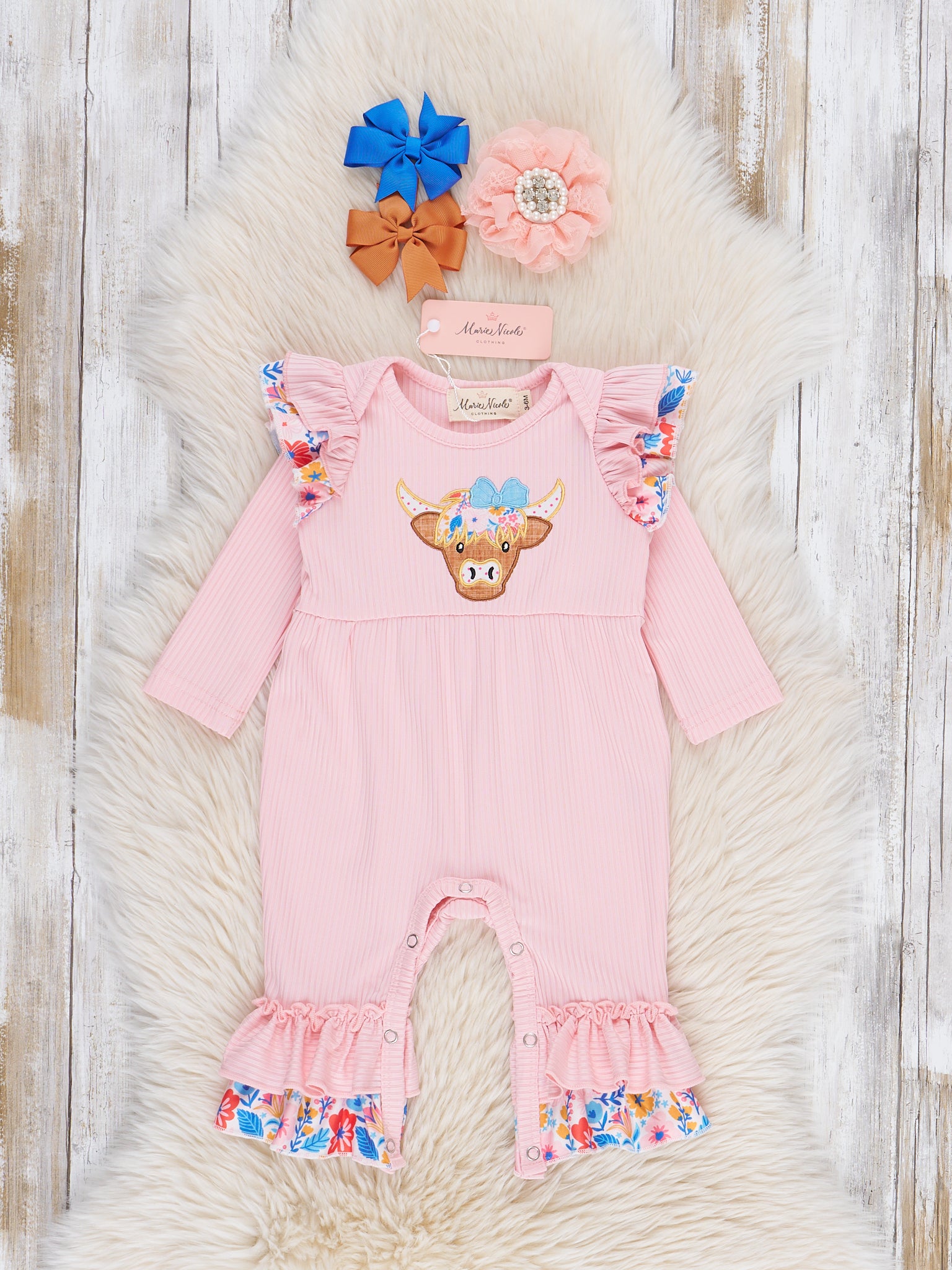Pink Floral Embroidered Cow Ruffle Romper - Marie Nicole Clothing