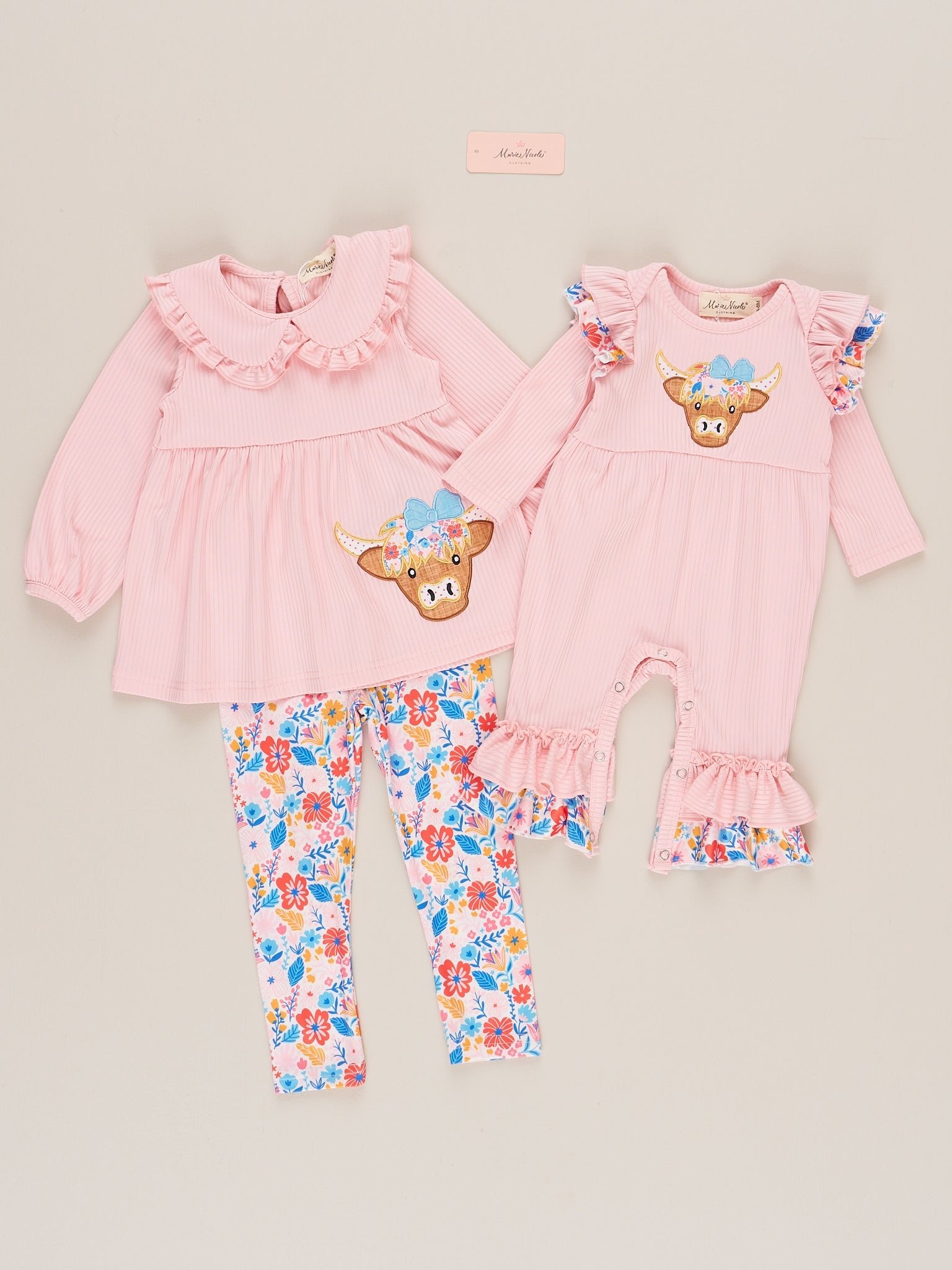 Pink Floral Embroidered Cow Ruffle Romper - Marie Nicole Clothing
