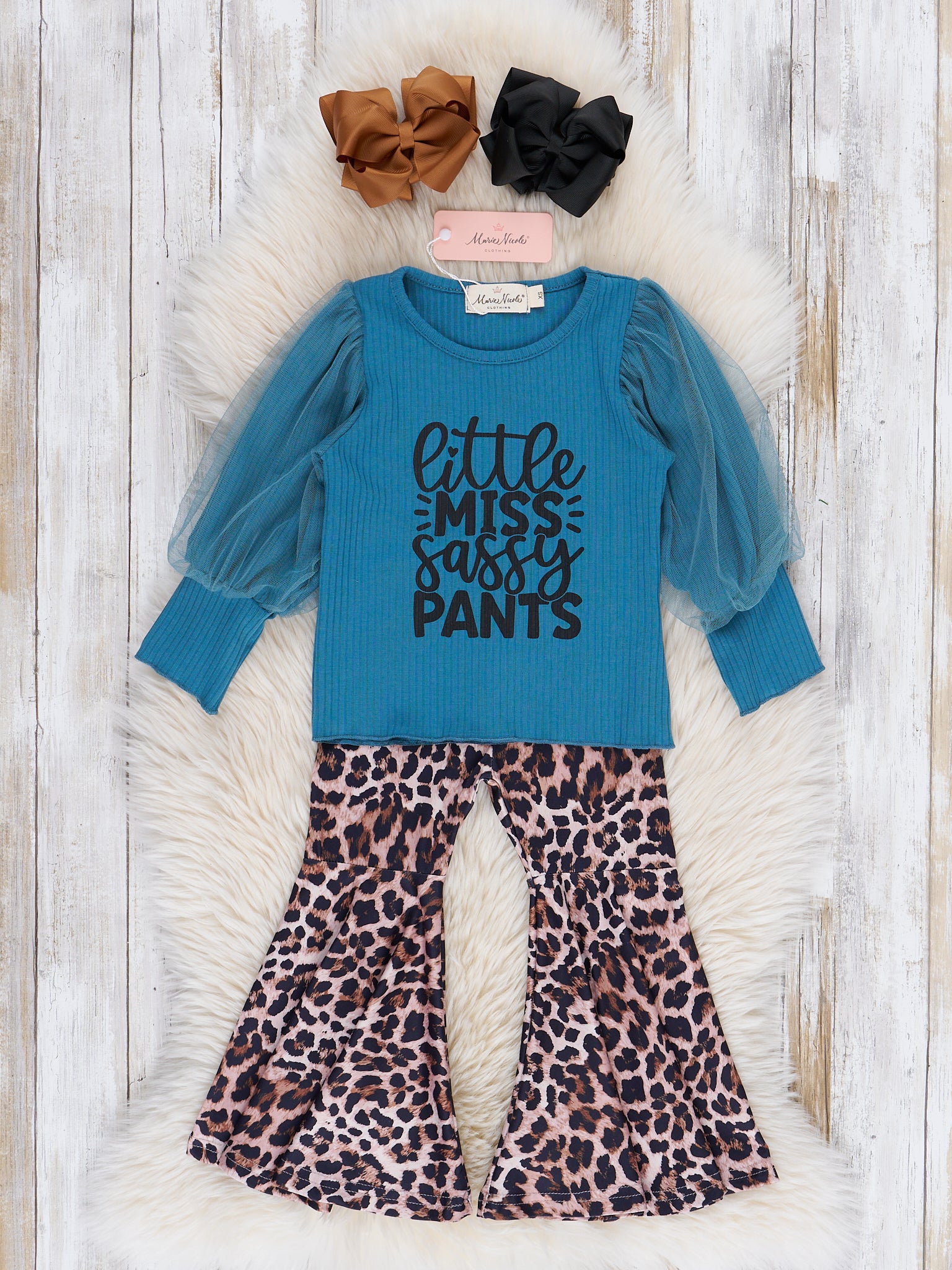 Blue & Leopard Sassy Pants Bell Bottoms Outfit - Marie Nicole Clothing