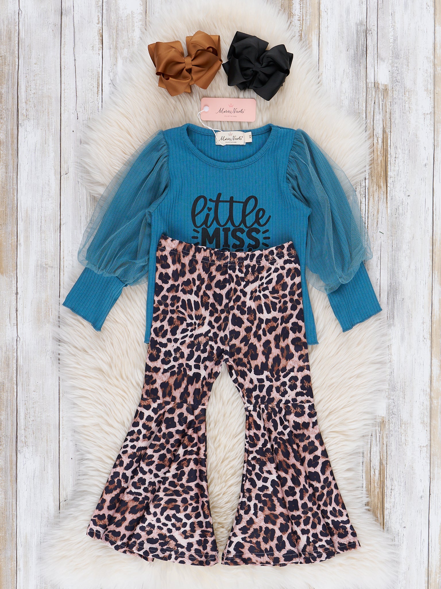 Blue & Leopard Sassy Pants Bell Bottoms Outfit - Marie Nicole Clothing