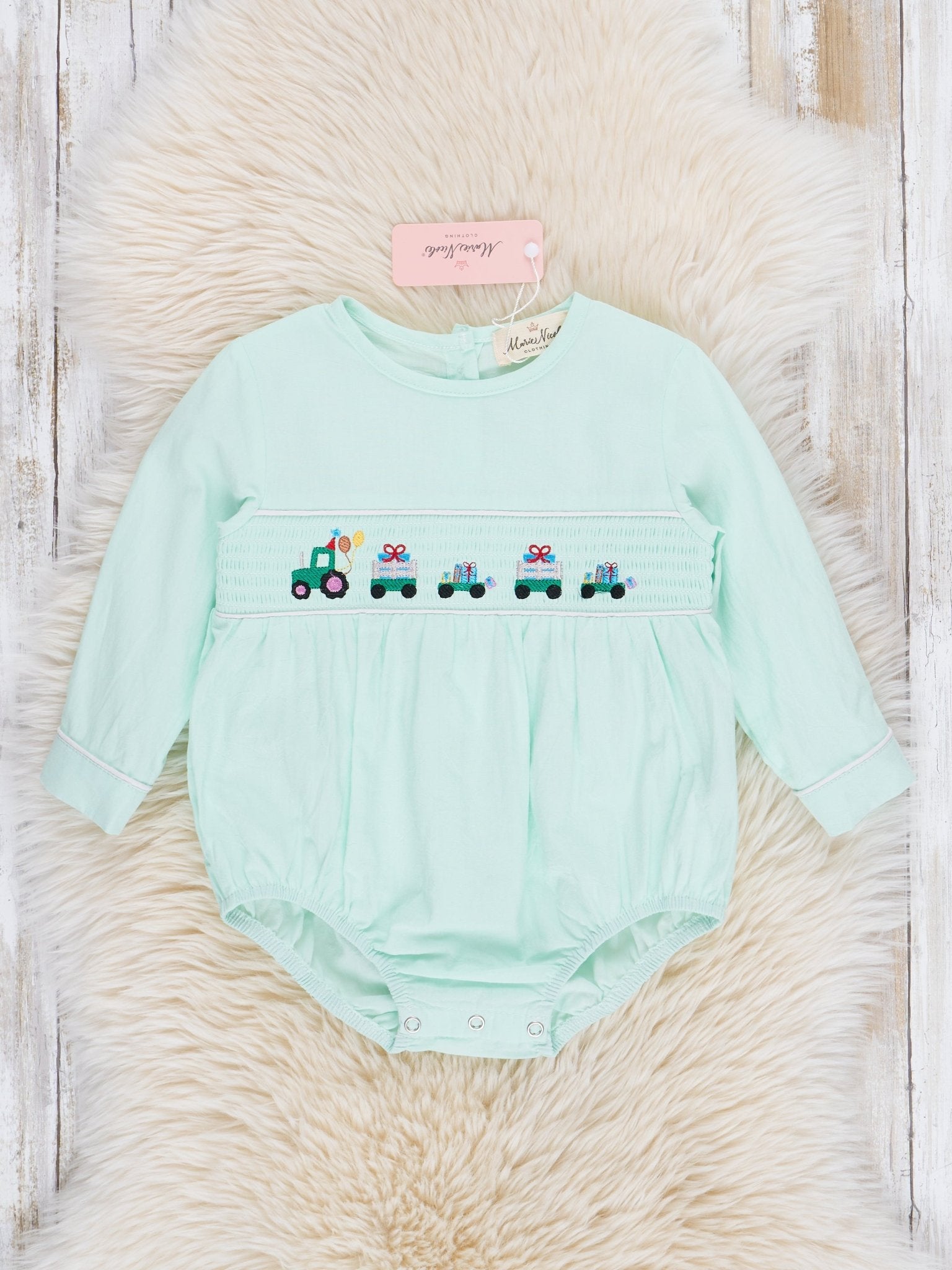 Sweet Mint Smocked Train Bubble Romper - Marie Nicole Clothing