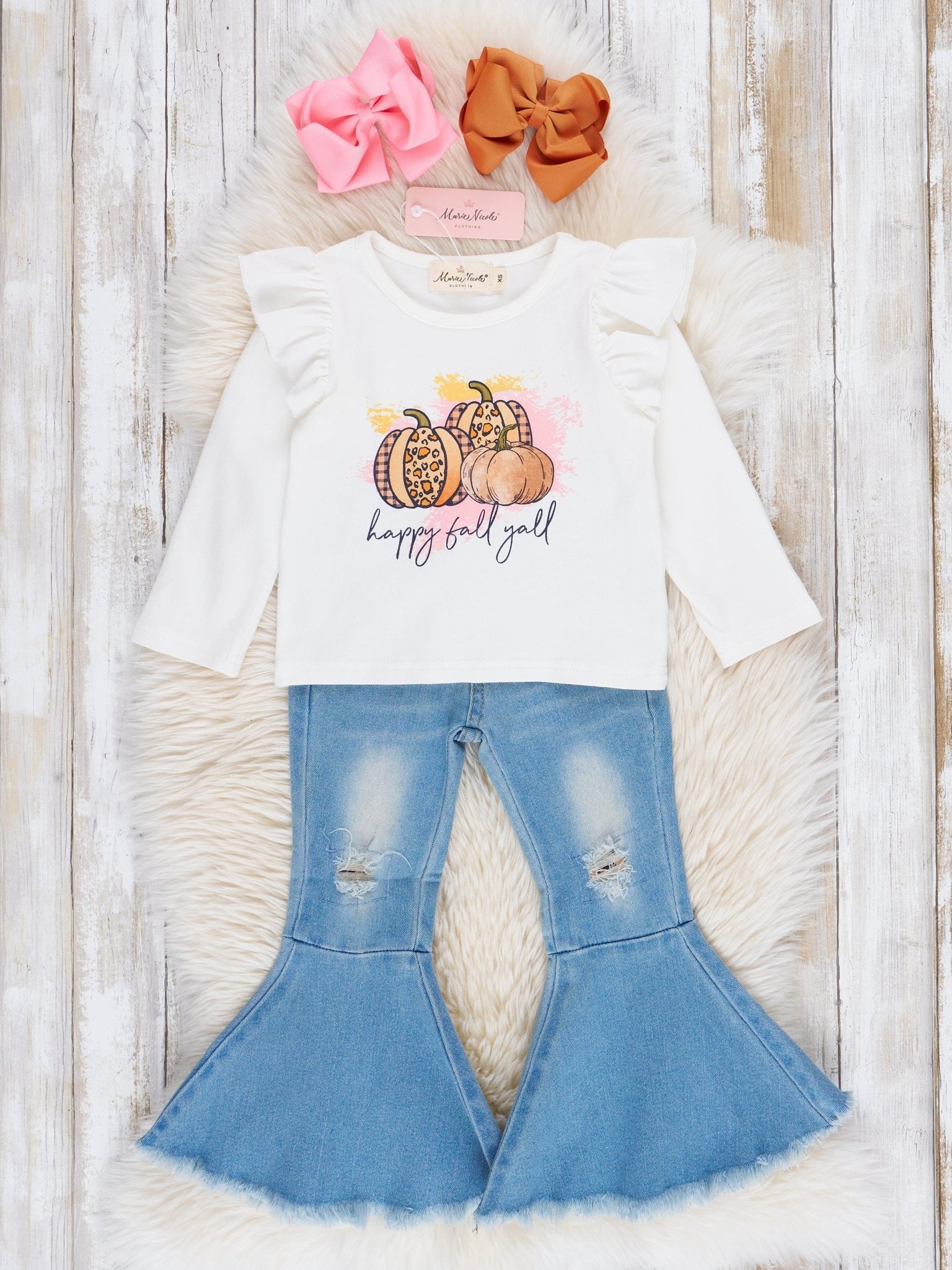 "Happy Fall Y'all" Denim Bell Bottoms Outfit - Marie Nicole Clothing