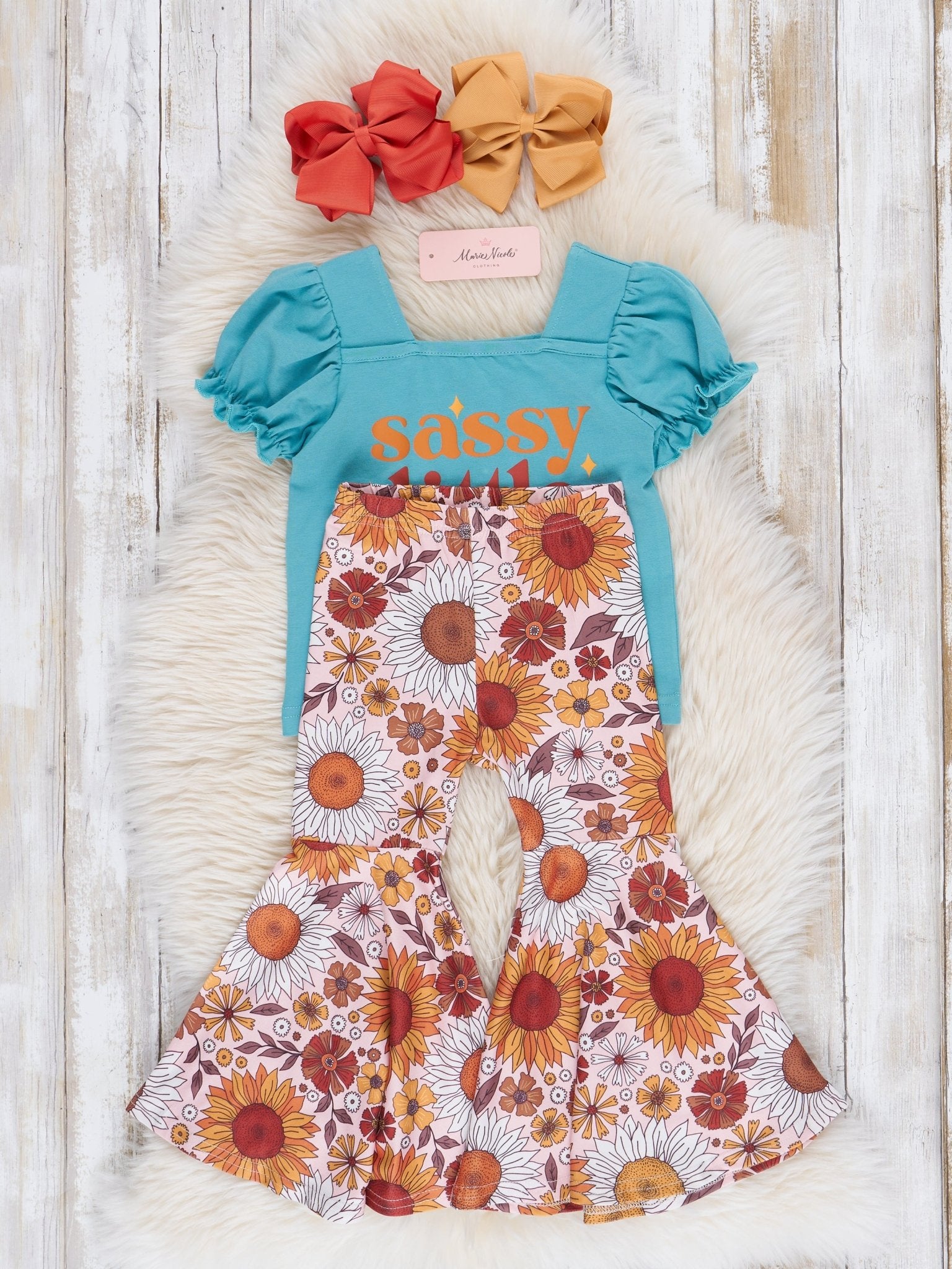 Turquoise & Brown Sassy Florals Bell Bottoms Outfit - Marie Nicole Clothing