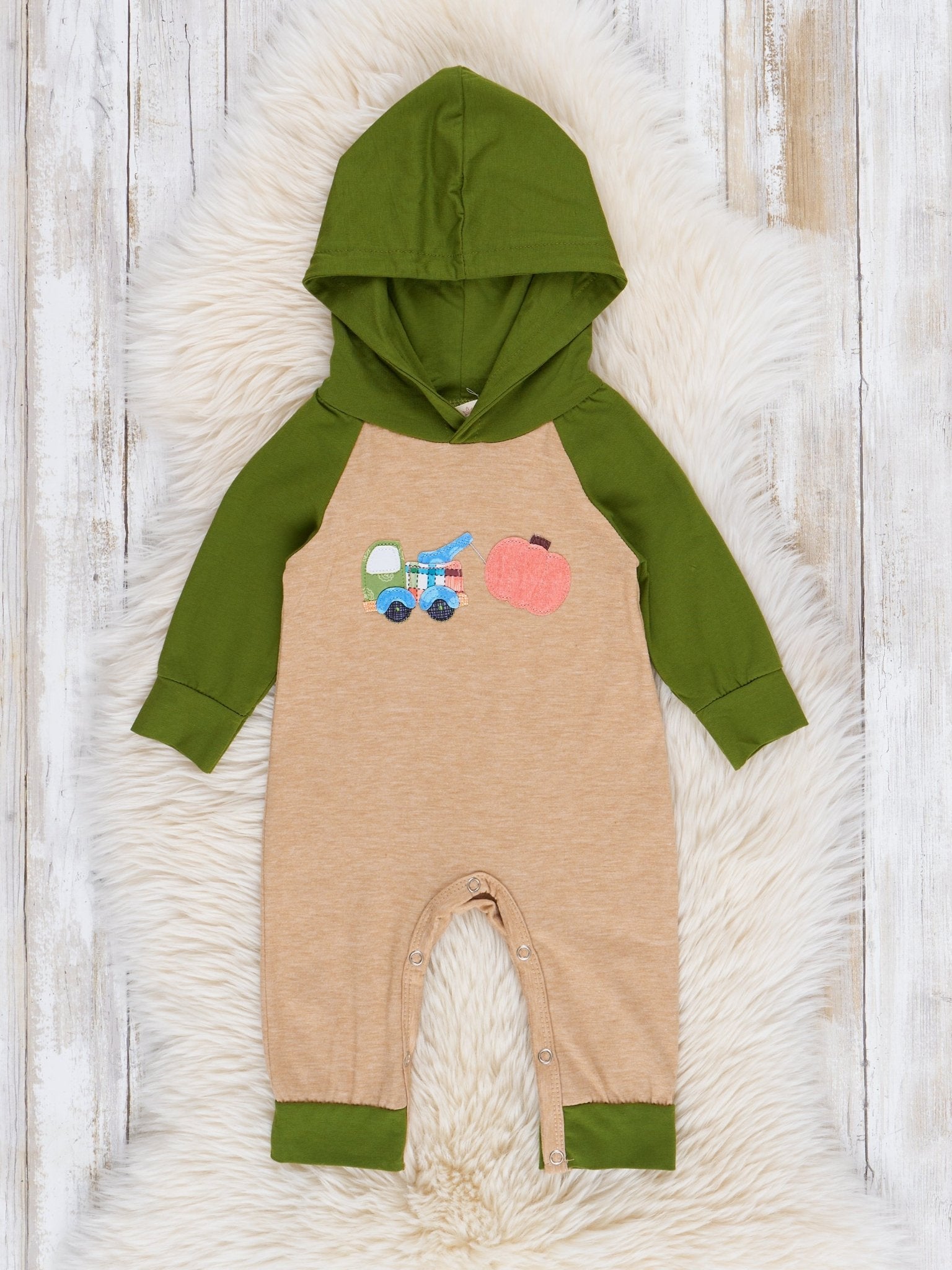Tan & Green Pumpkin Picker Hoodie Romper - Marie Nicole Clothing