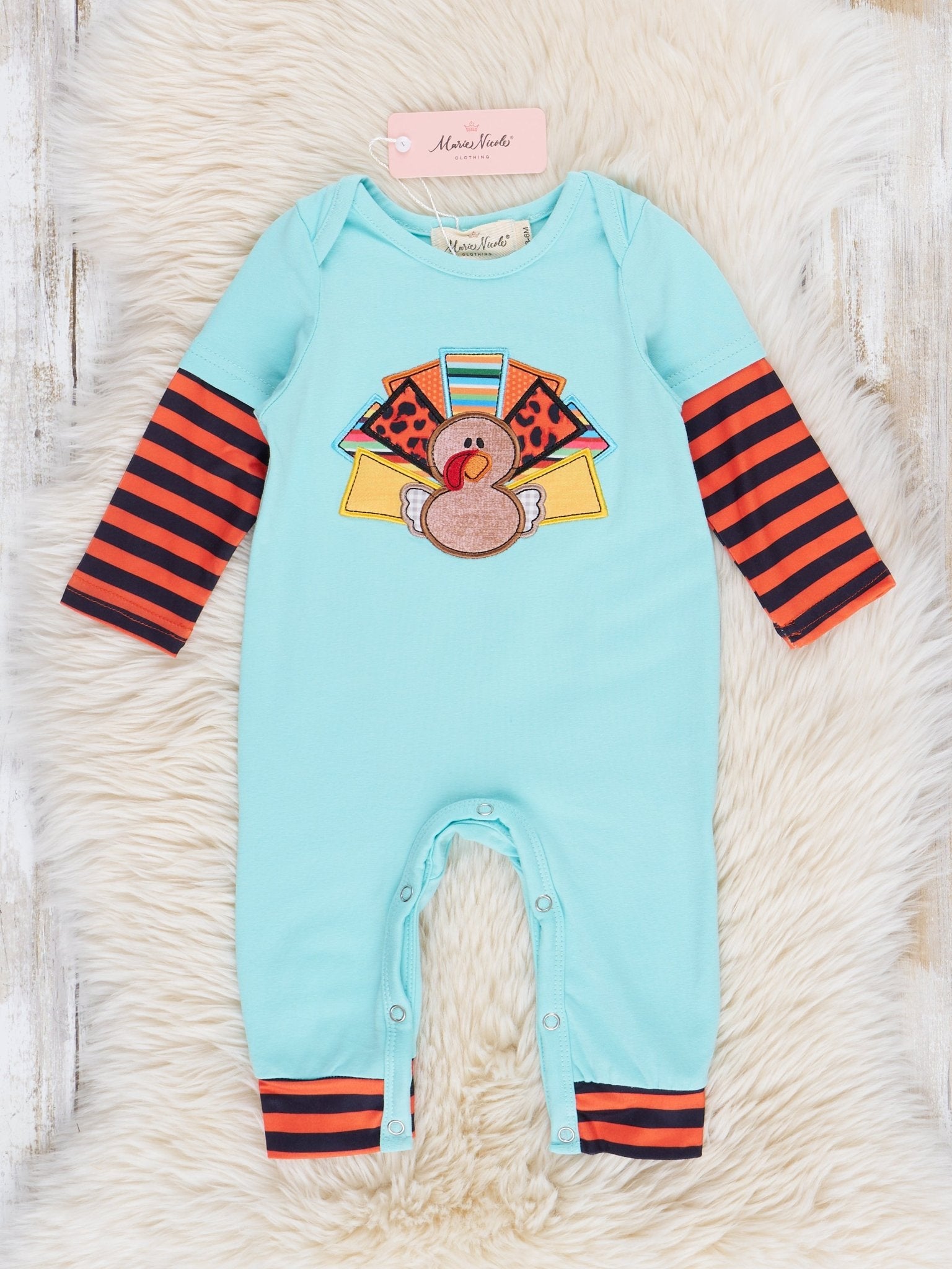 Aqua Embroidered Turkey Striped Raglan Romper - Marie Nicole Clothing
