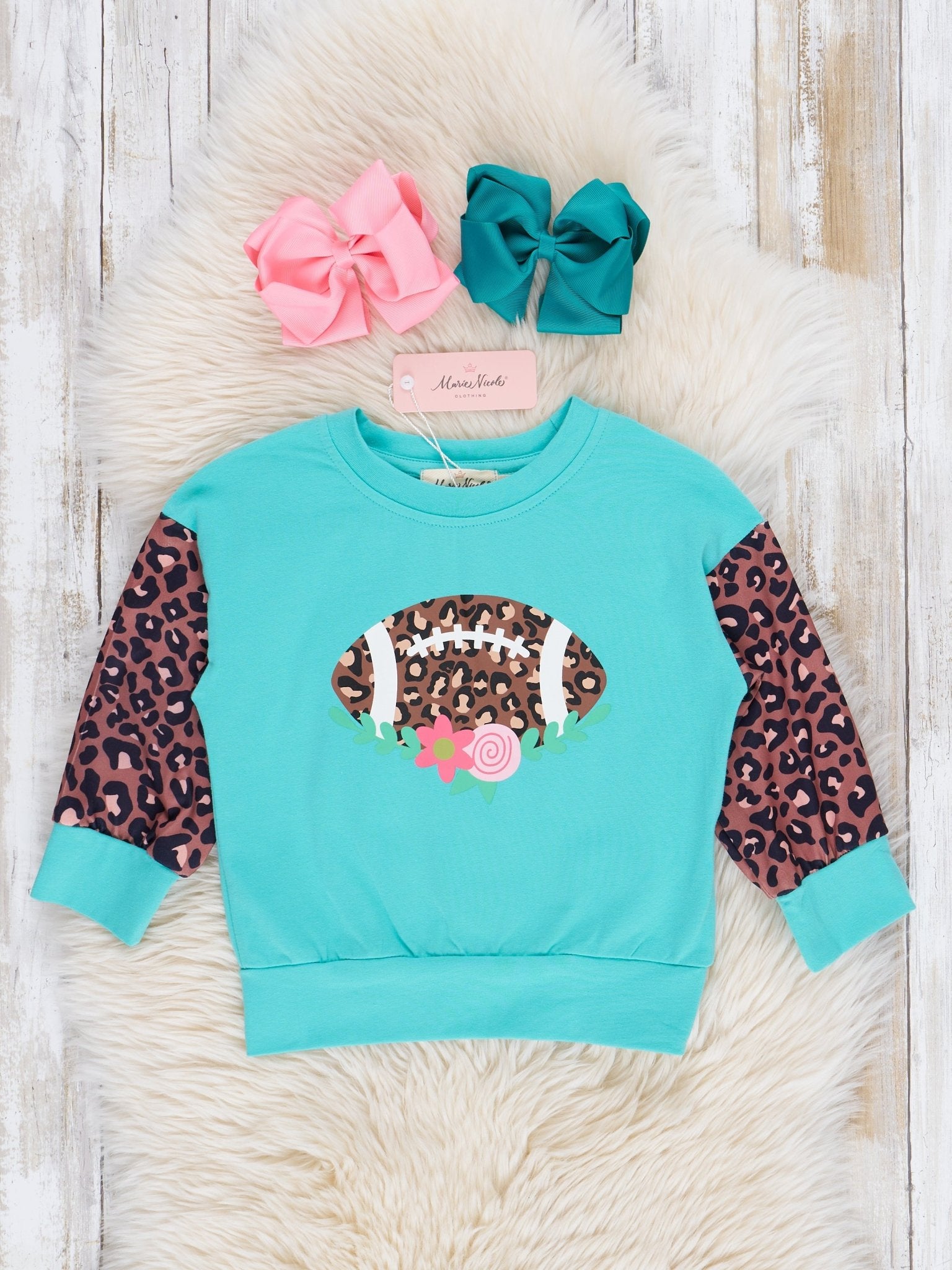 Turqouise & Leopard Football Raglan Shirt - Marie Nicole Clothing