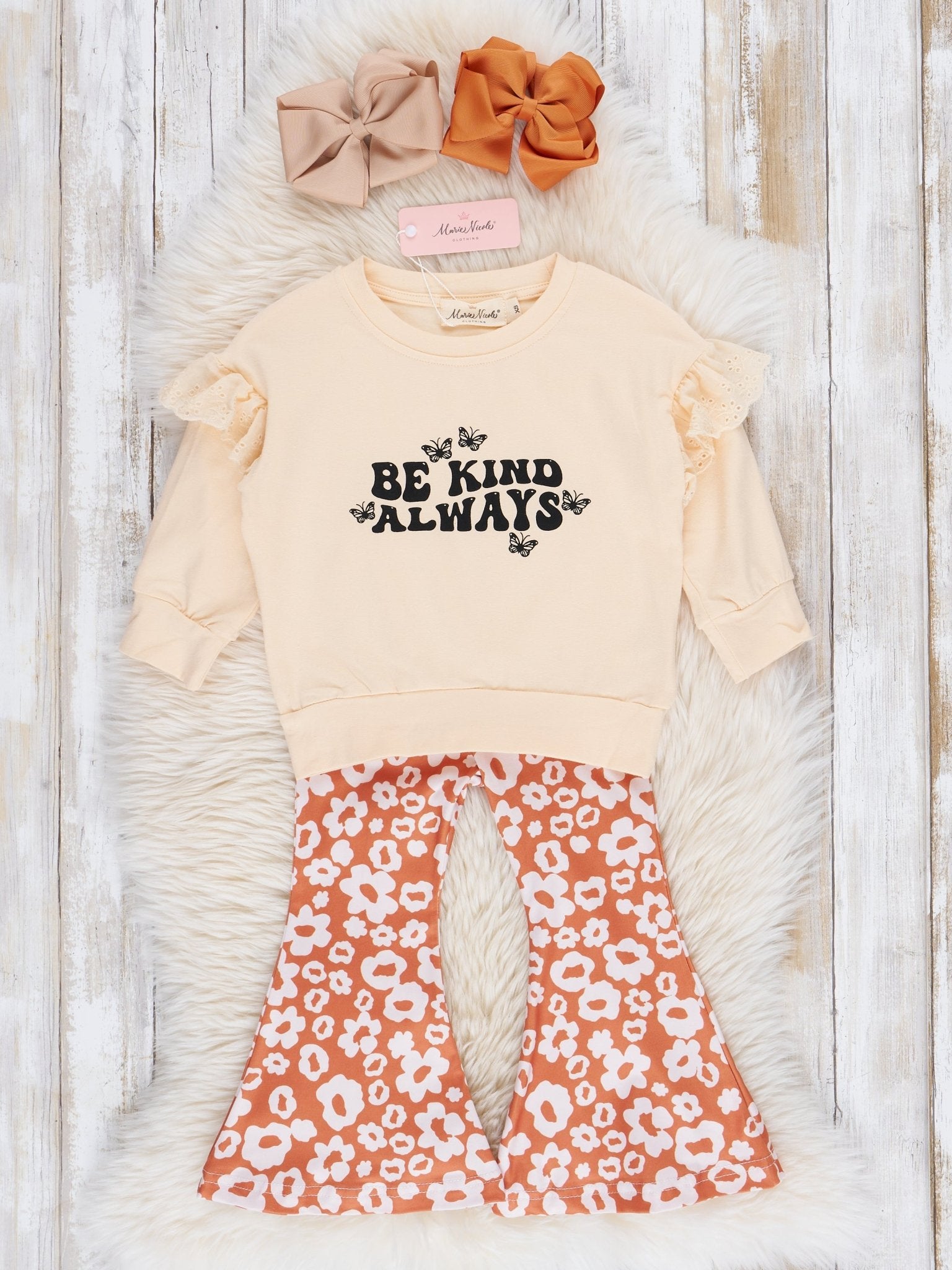 Cream & Orange Kind Daisies Bell Bottoms Outfit - Marie Nicole Clothing
