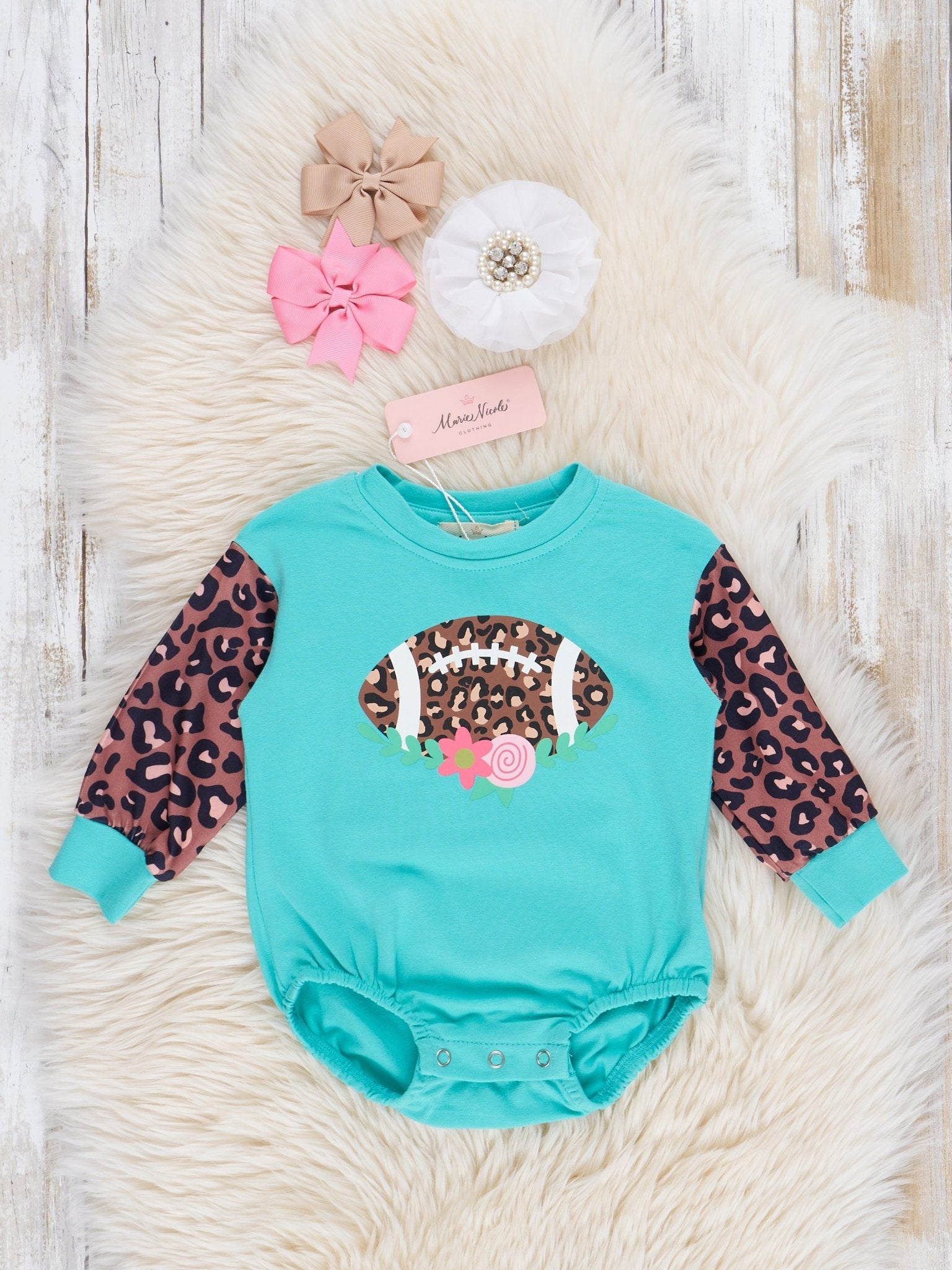 Turqouise & Leopard Football Raglan Bubble Romper - Marie Nicole Clothing