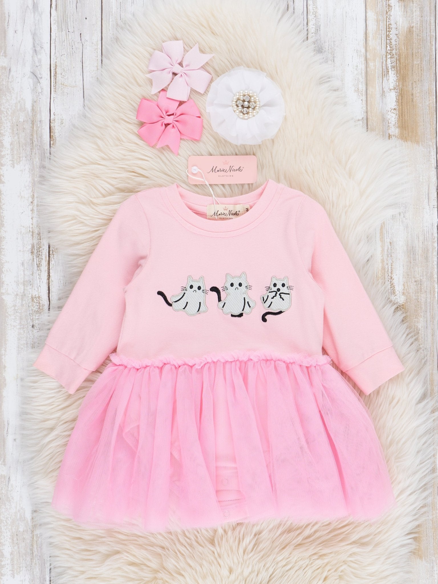 Pink Embroidered Kitties Tulle Bubble Romper - Marie Nicole Clothing