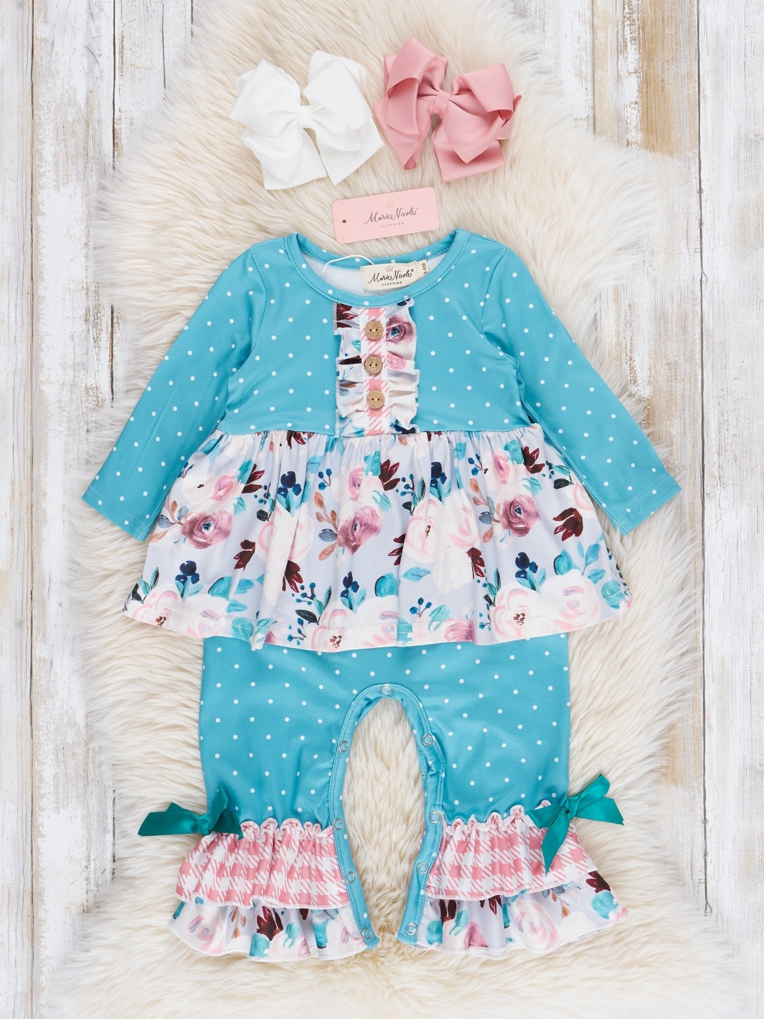 Turquoise Blossoms Ruffle Romper - Marie Nicole Clothing