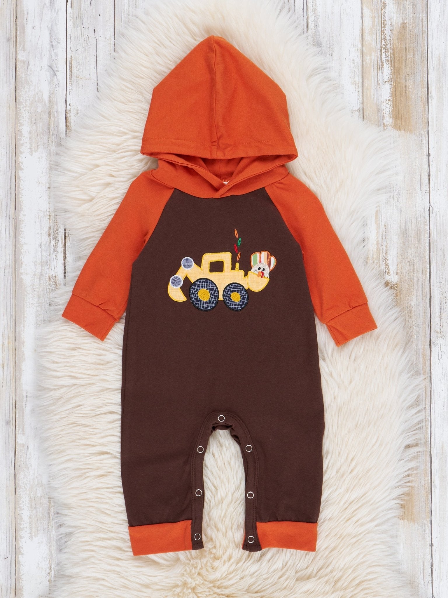 Brown & Orange Embroidered Turkey Excavator Hoodie Romper - Marie Nicole Clothing