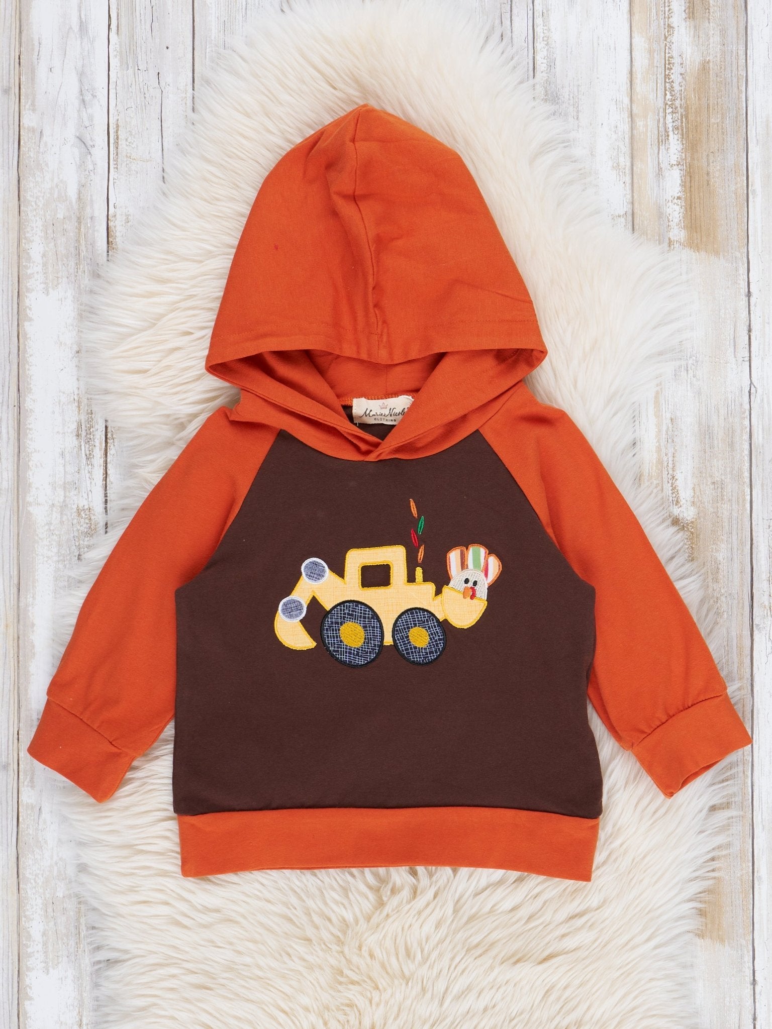Brown & Orange Embroidered Turkey Excavator Hoodie - Marie Nicole Clothing