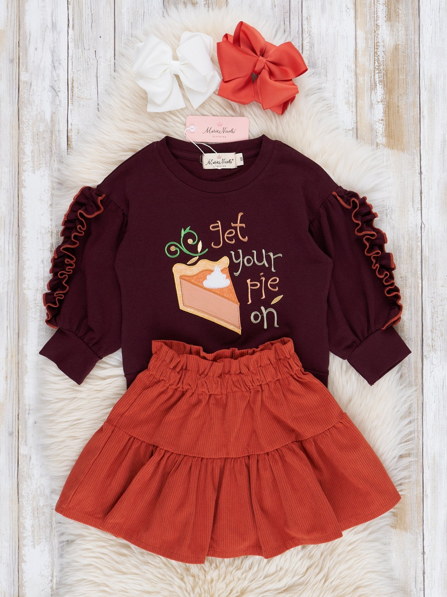 Pumpkin Pie Ruffle Outfit w/ Suede Skirt - Marie Nicole Clothing