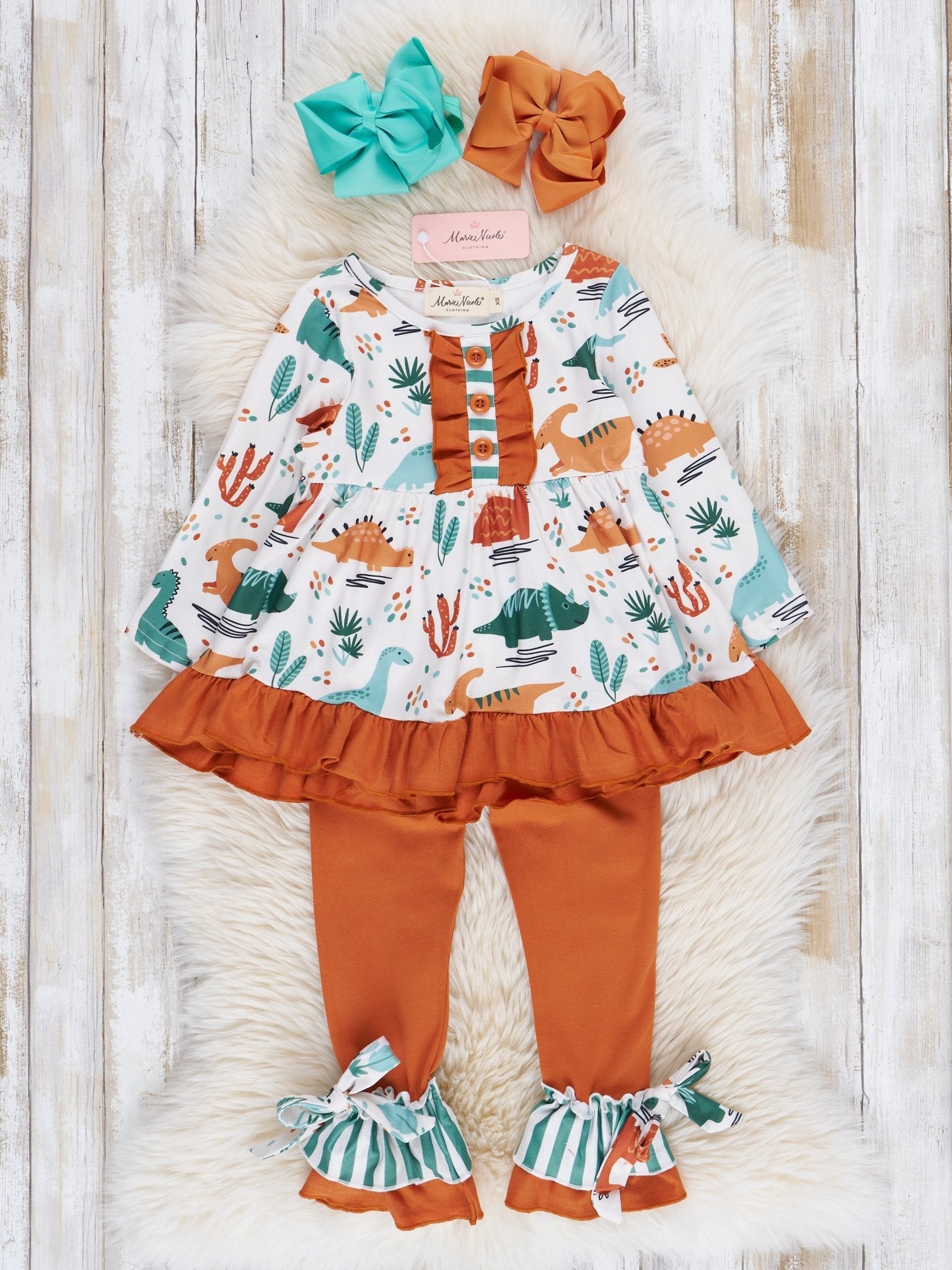 Brown & Olive Dinosaur Ruffle Outfit - Marie Nicole Clothing