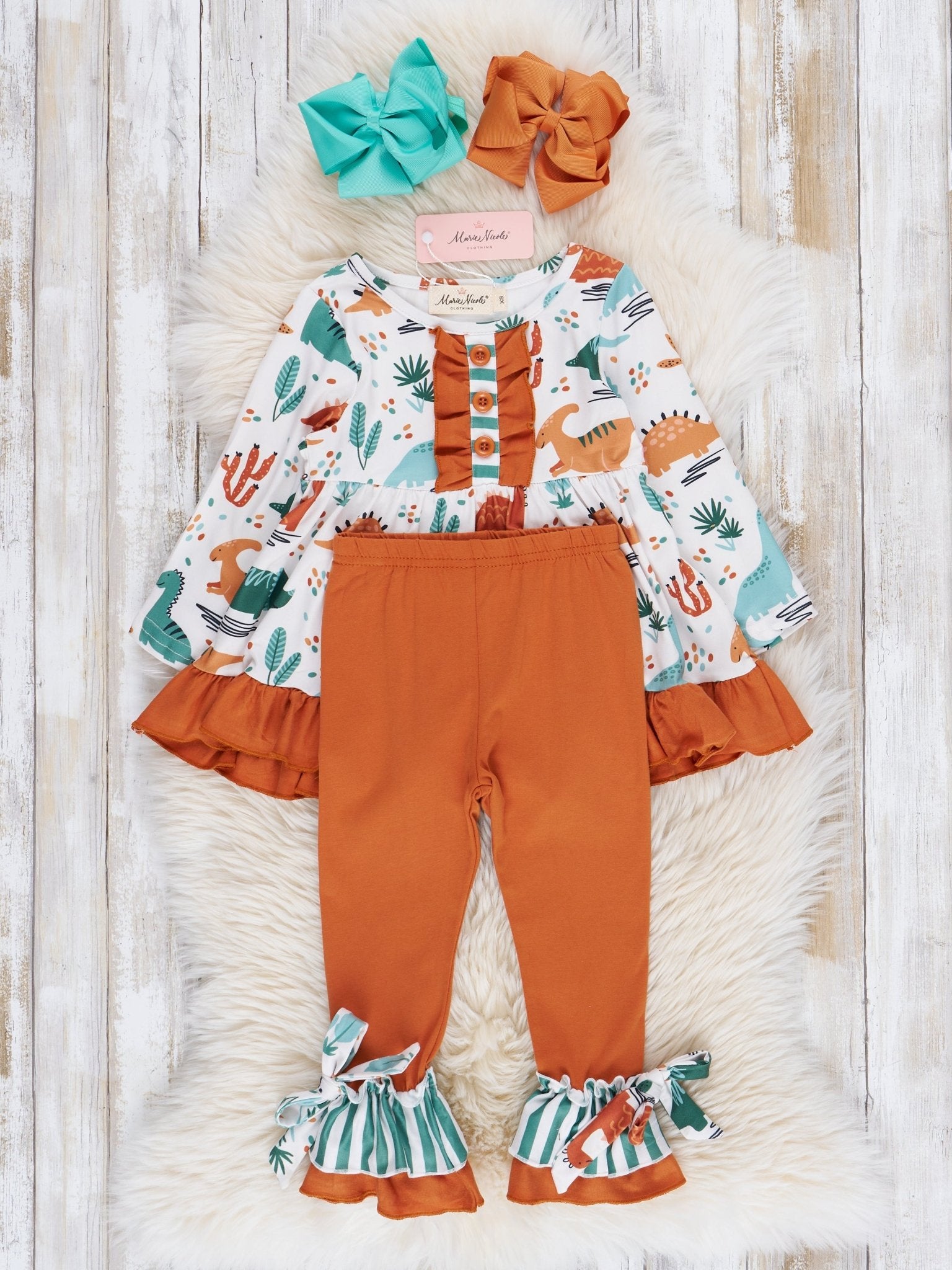 Brown & Olive Dinosaur Ruffle Outfit - Marie Nicole Clothing