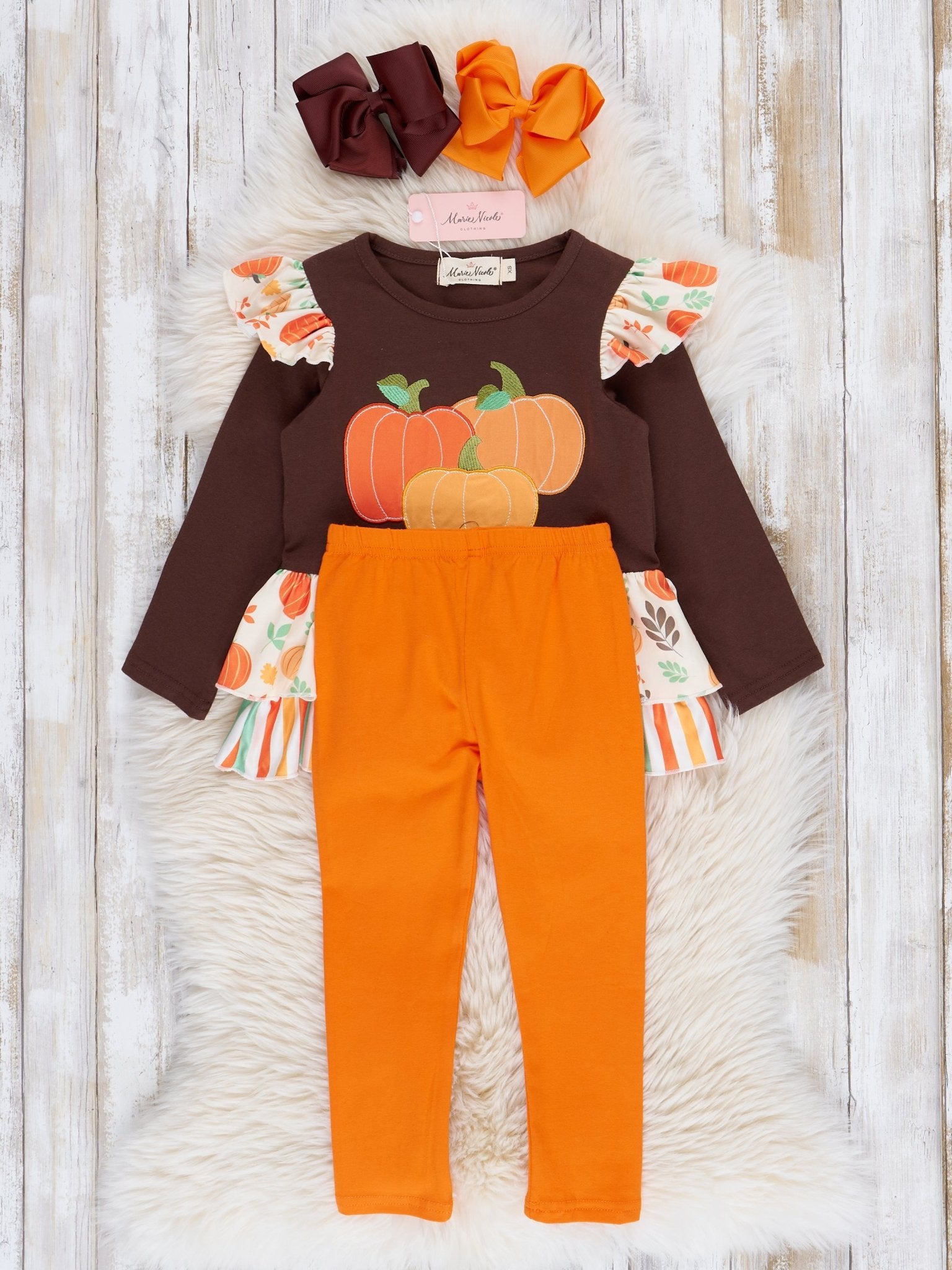 Brown & Orange Pumpkin Harvest Ruffle Outfit - Marie Nicole Clothing