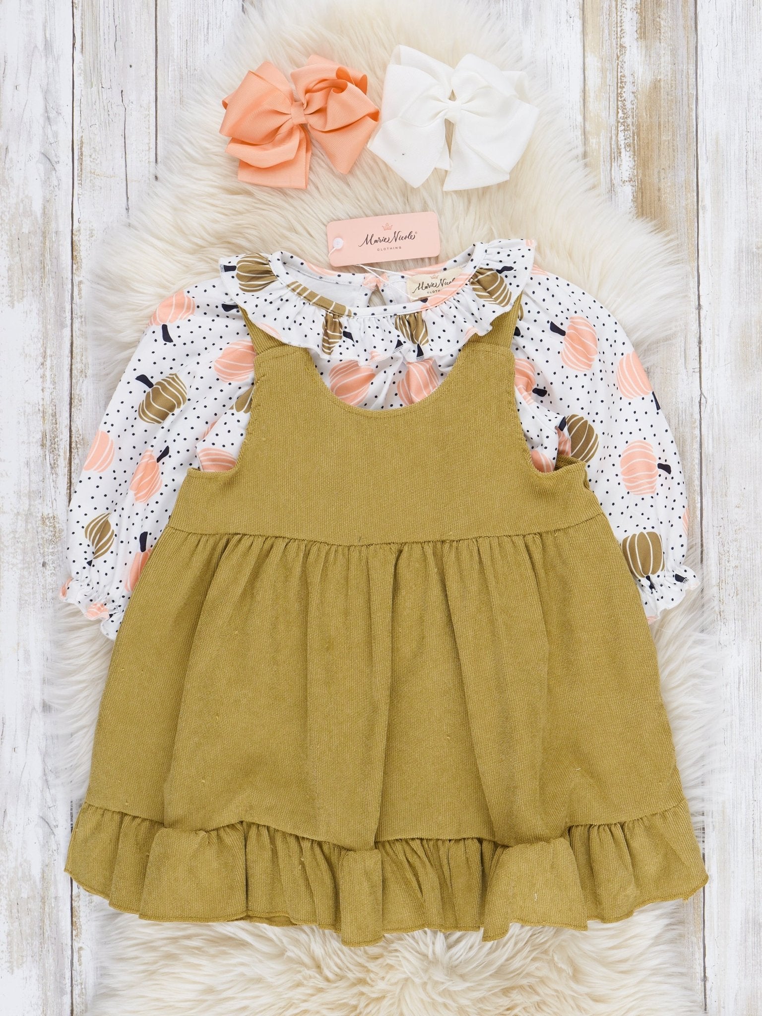 Olive & Peach Pumpkins Corduroy Skirtall Set - Marie Nicole Clothing