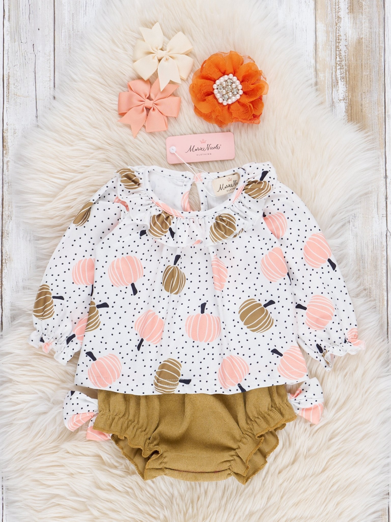 Olive & Peach Pumpkins Corduroy Bloomers Outfit - Marie Nicole Clothing