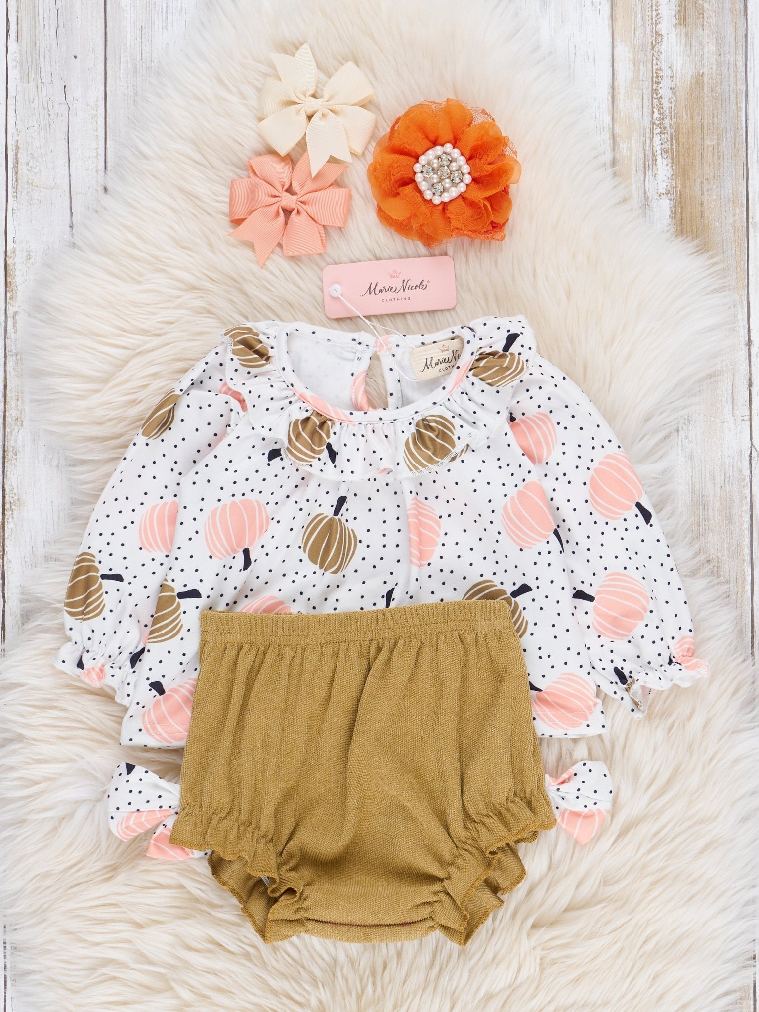 Olive & Peach Pumpkins Corduroy Bloomers Outfit - Marie Nicole Clothing