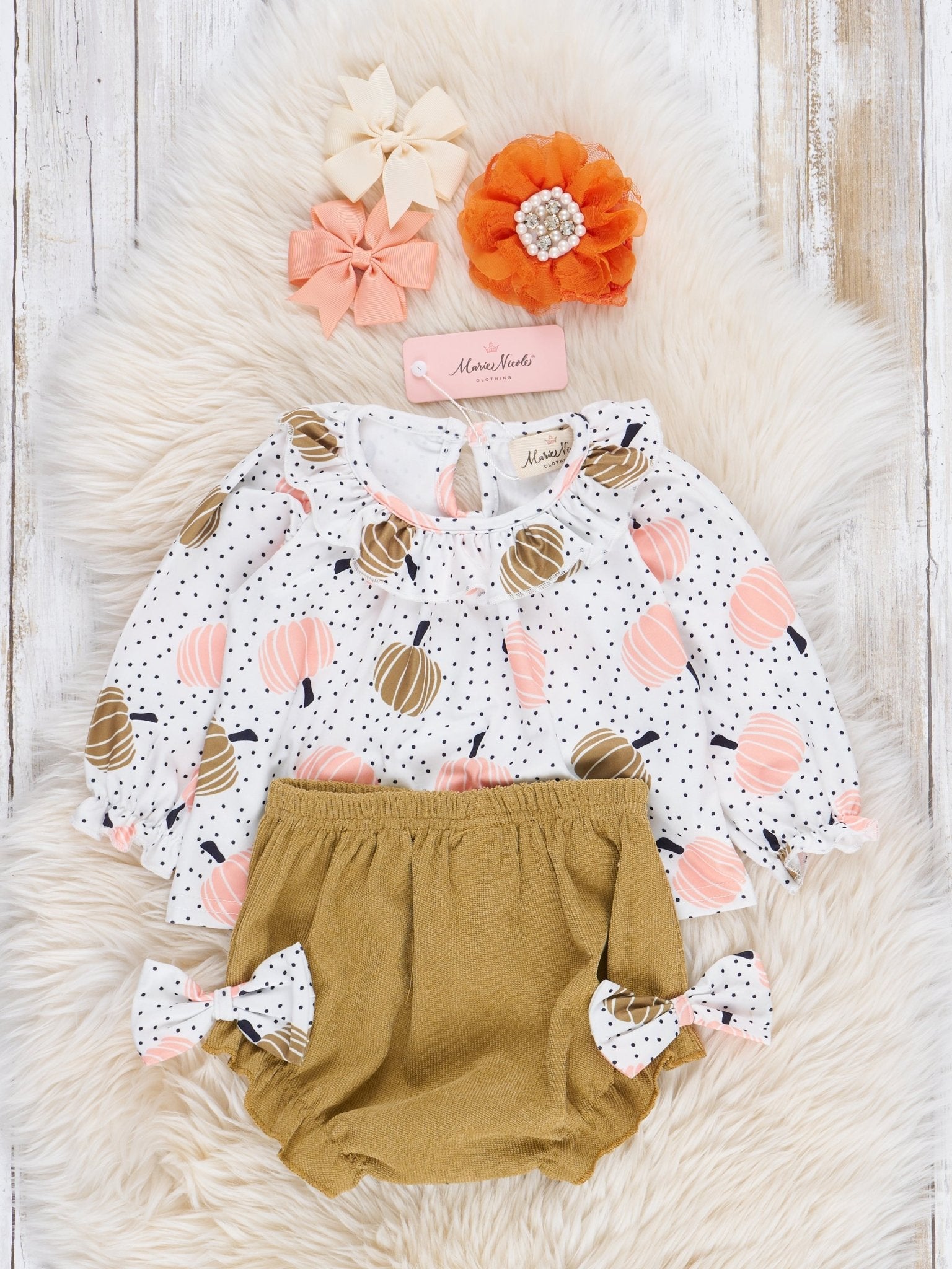 Olive & Peach Pumpkins Corduroy Bloomers Outfit - Marie Nicole Clothing