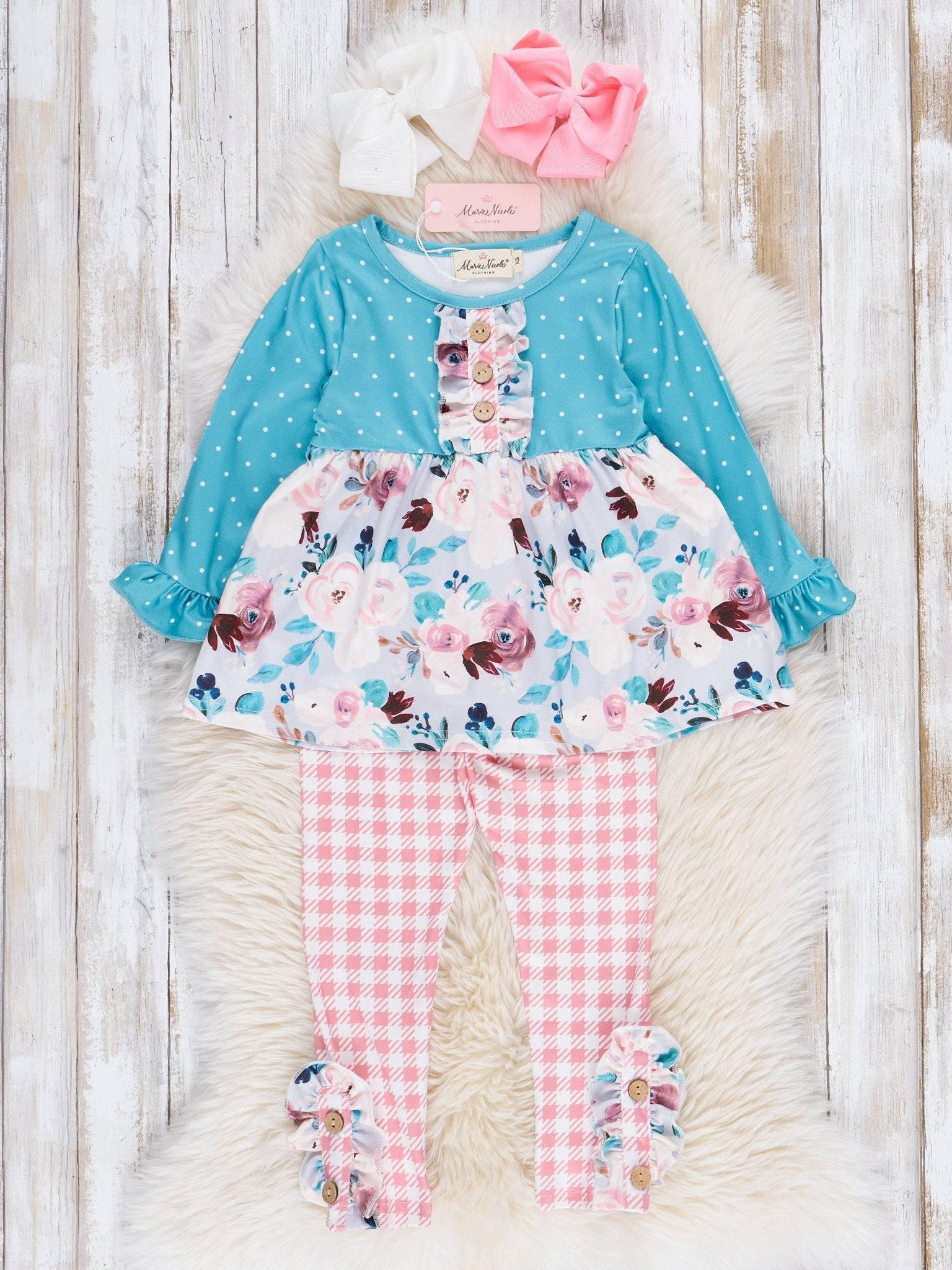 Turquoise Blossoms Ruffle Outfit - Marie Nicole Clothing