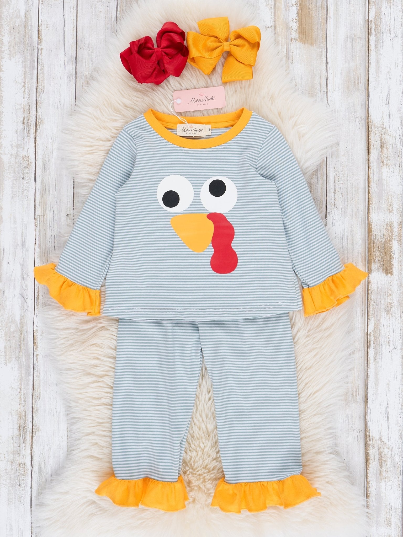 Grey Striped Turkey Ruffle Pajamas - Marie Nicole Clothing