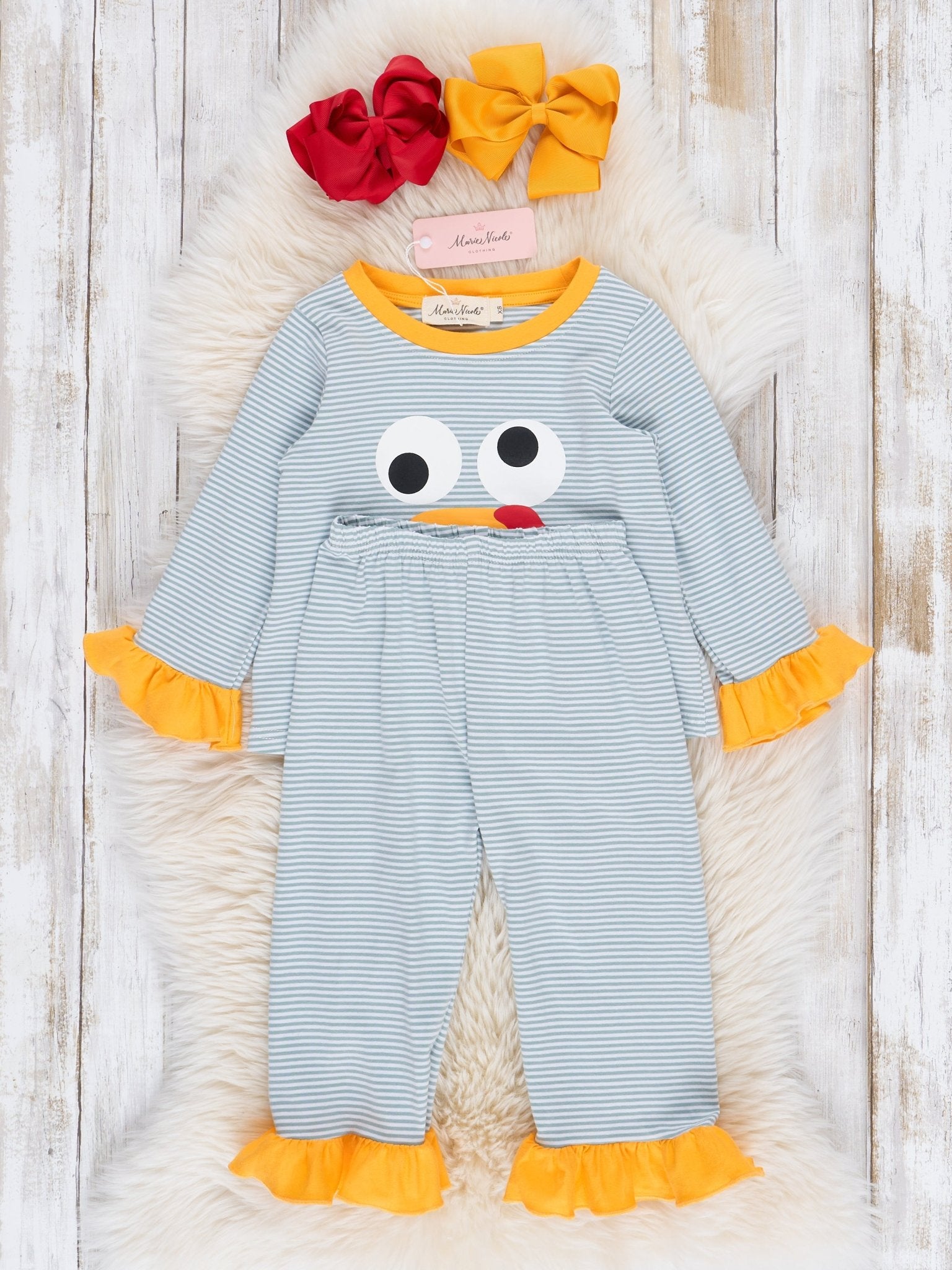 Grey Striped Turkey Ruffle Pajamas - Marie Nicole Clothing