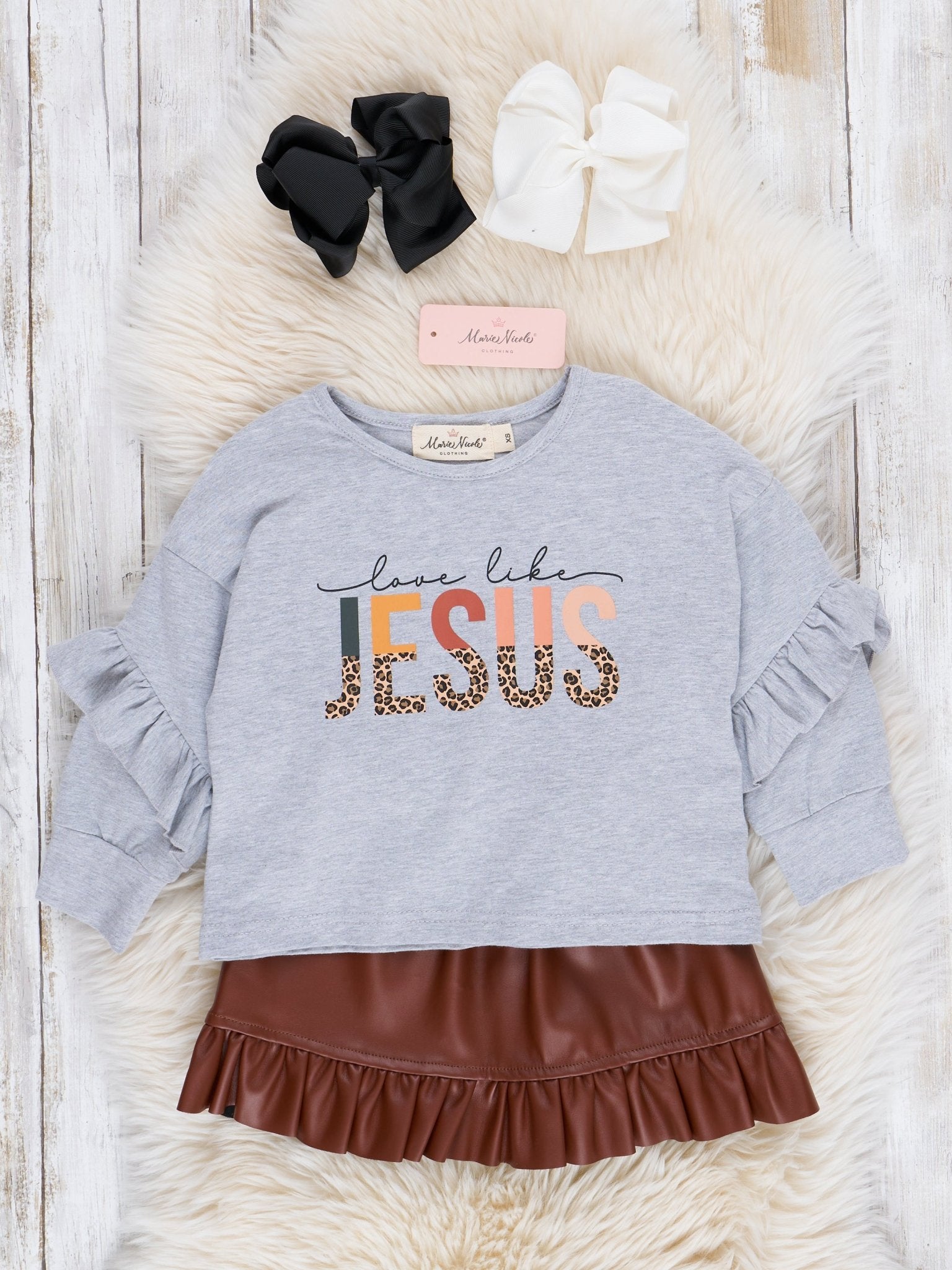 "Love Like Jesus" Outfit w/ Faux Leather Skirt - Marie Nicole Clothing