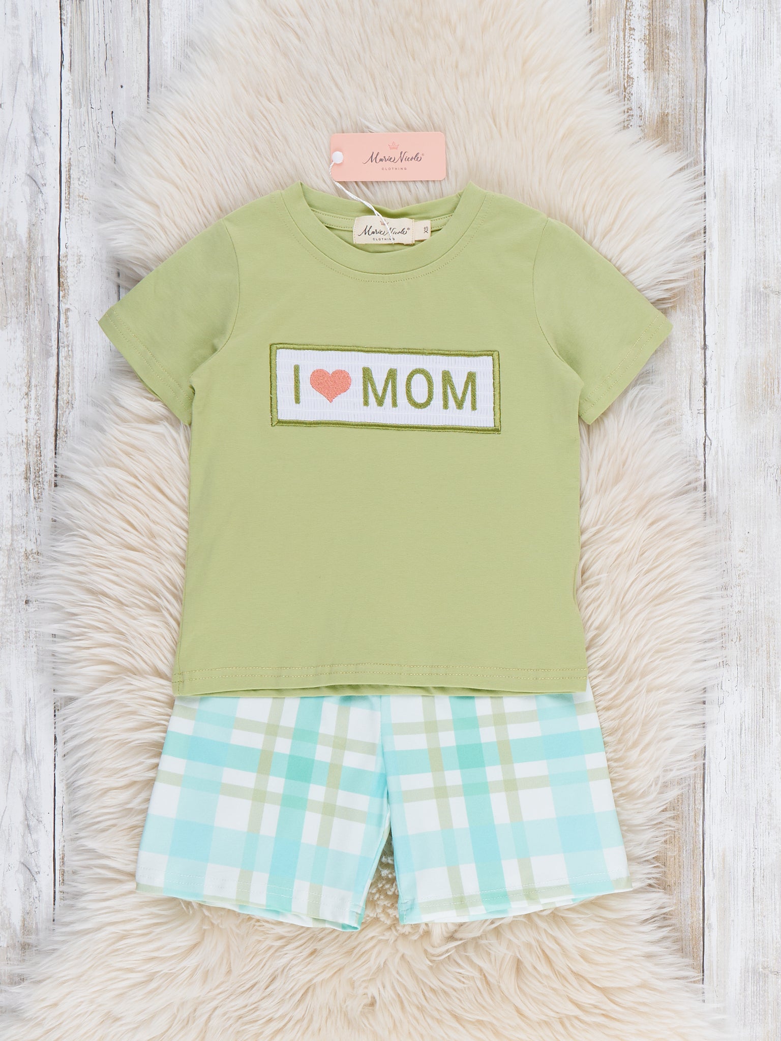 I Love Mom Plaid Smocked Outfit - Marie Nicole Clothing