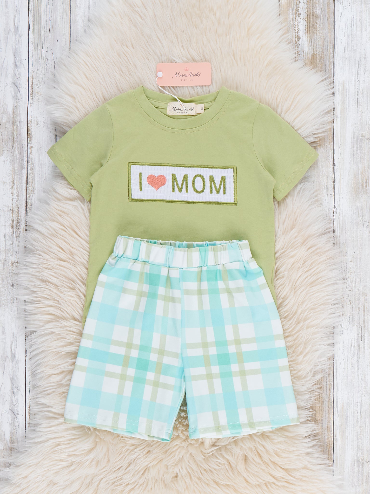 I Love Mom Plaid Smocked Outfit - Marie Nicole Clothing