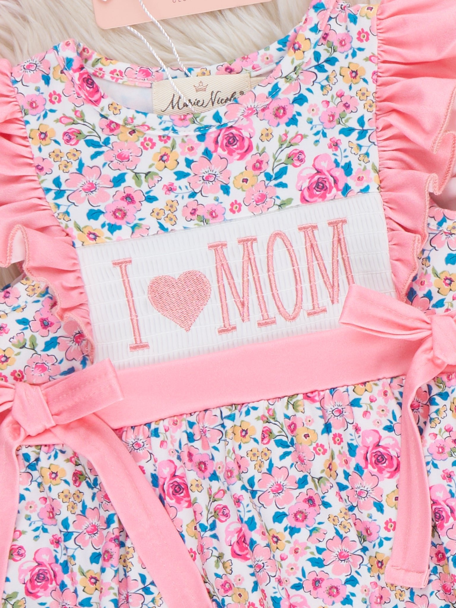 Coral Floral "I Love Mom" Smocked Bubble Romper - Marie Nicole Clothing