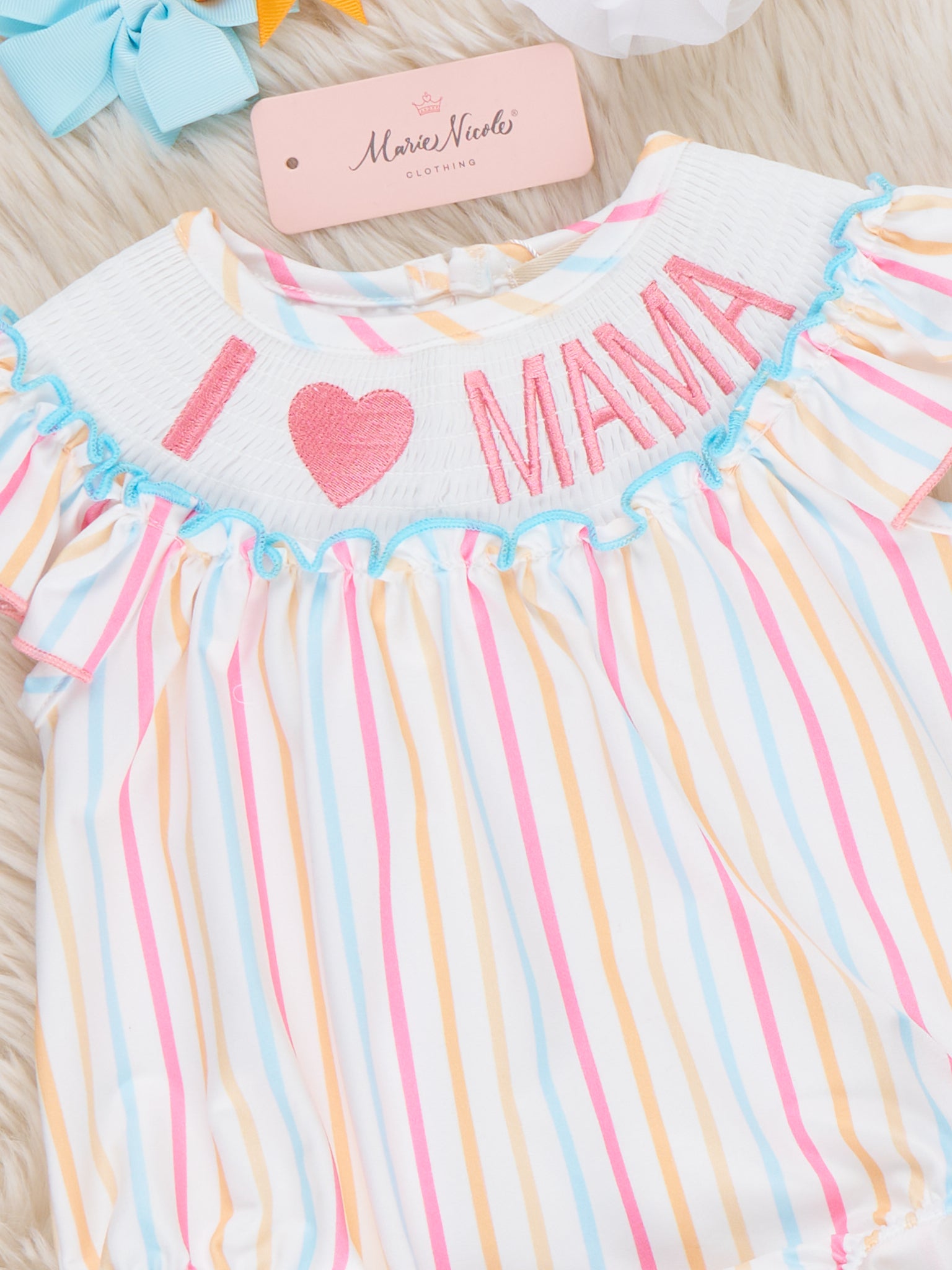 Striped "I Love Mama" Smocked Bubble Romper - Marie Nicole Clothing