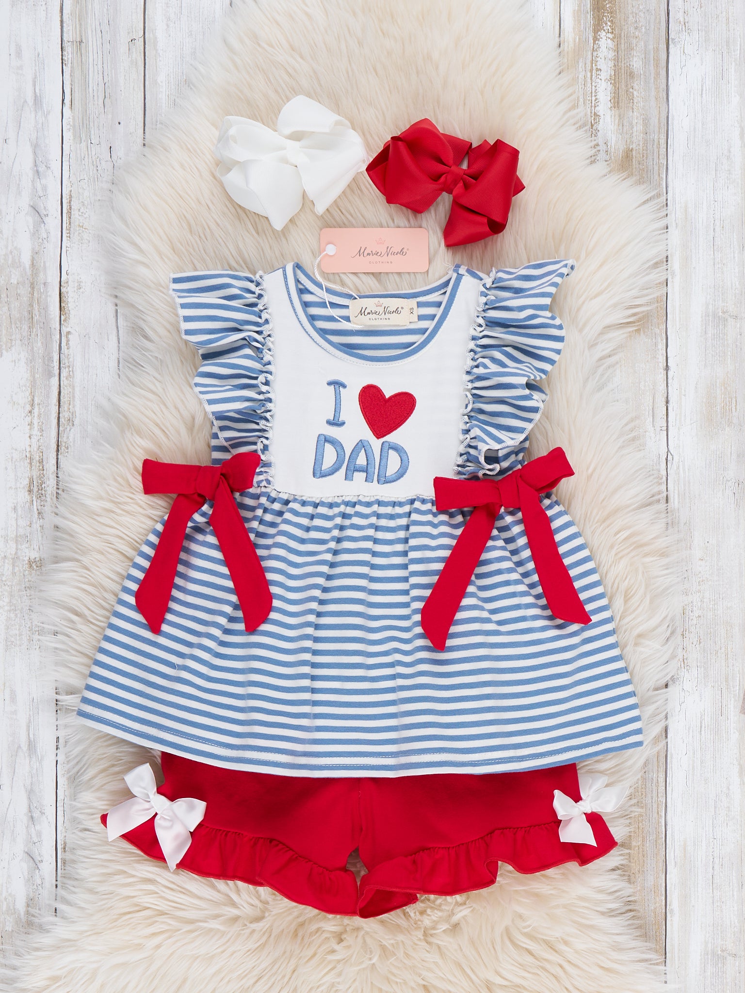 I Love DAD Stripe & Ruffle Embroidered Outfit - Marie Nicole Clothing