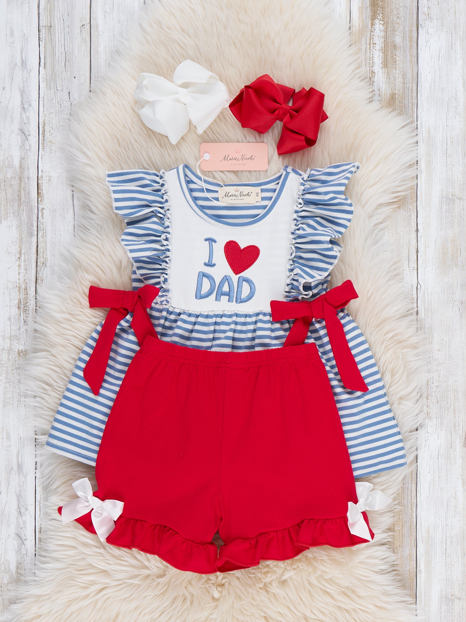 I Love DAD Stripe & Ruffle Embroidered Outfit - Marie Nicole Clothing