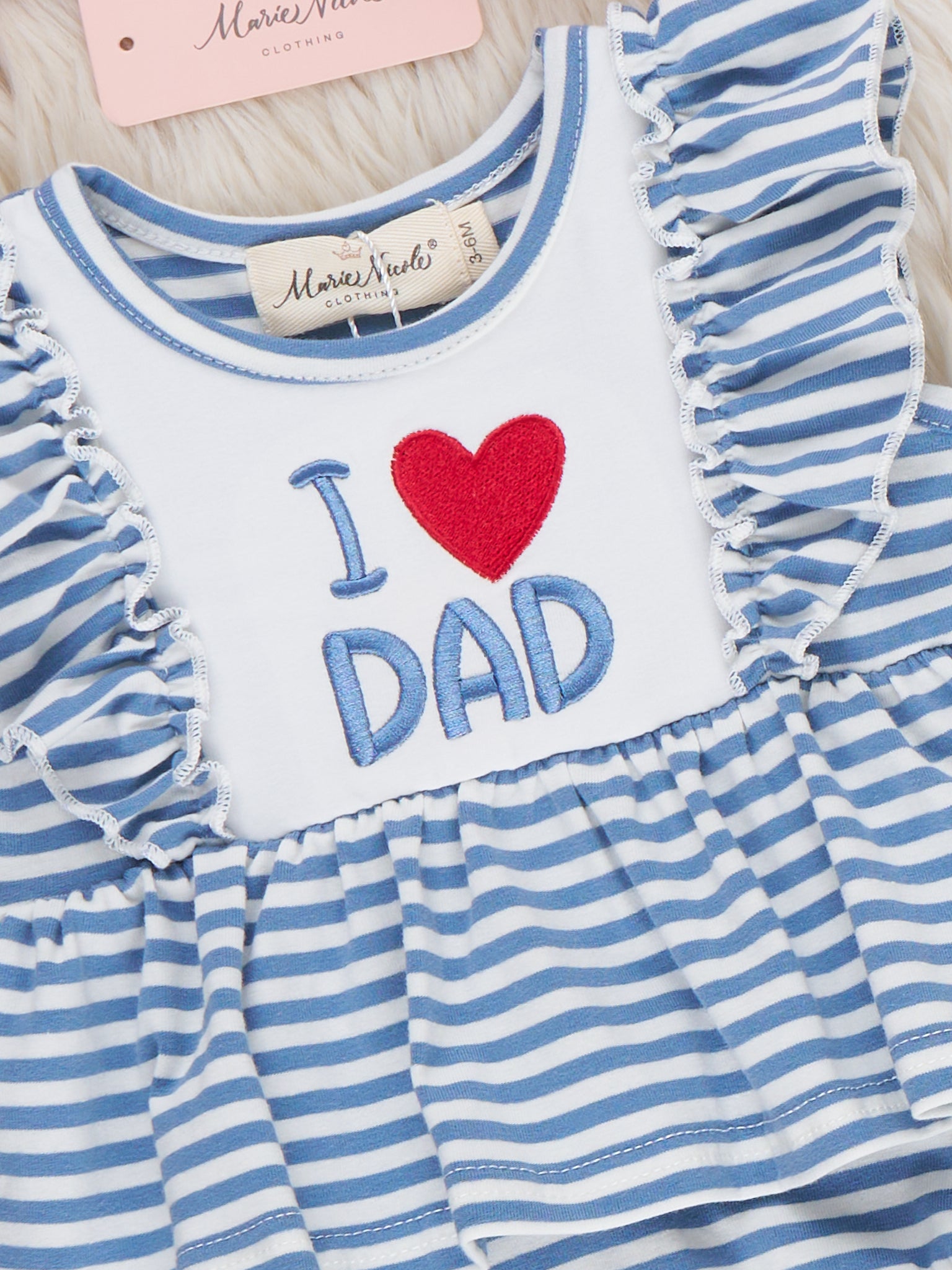 I Love DAD Stripe & Ruffle Embroidered Bubble Romper - Marie Nicole Clothing