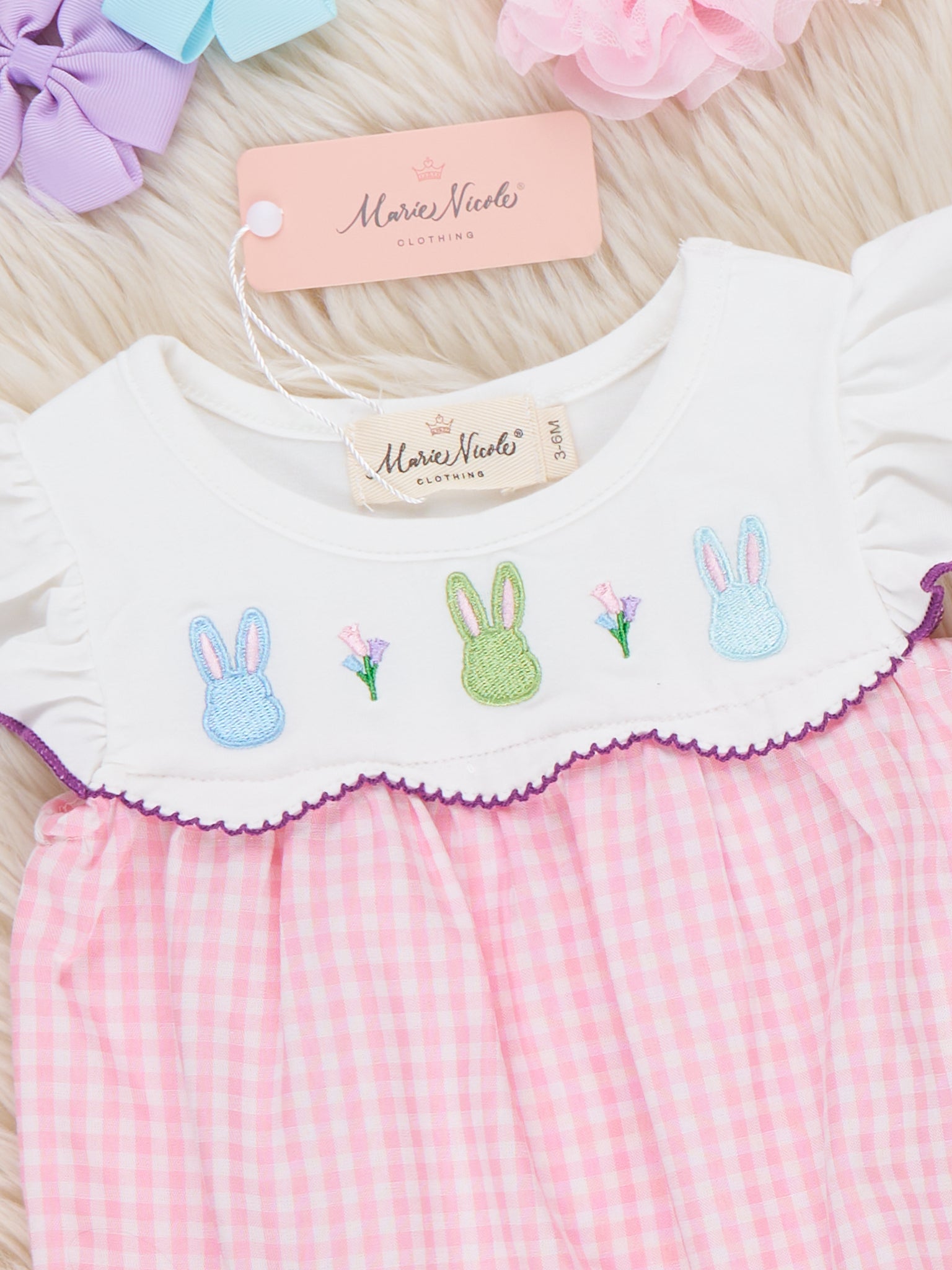 Bunny Lineup Gingham Embroidered Ruffle Bubble Romper - Marie Nicole Clothing