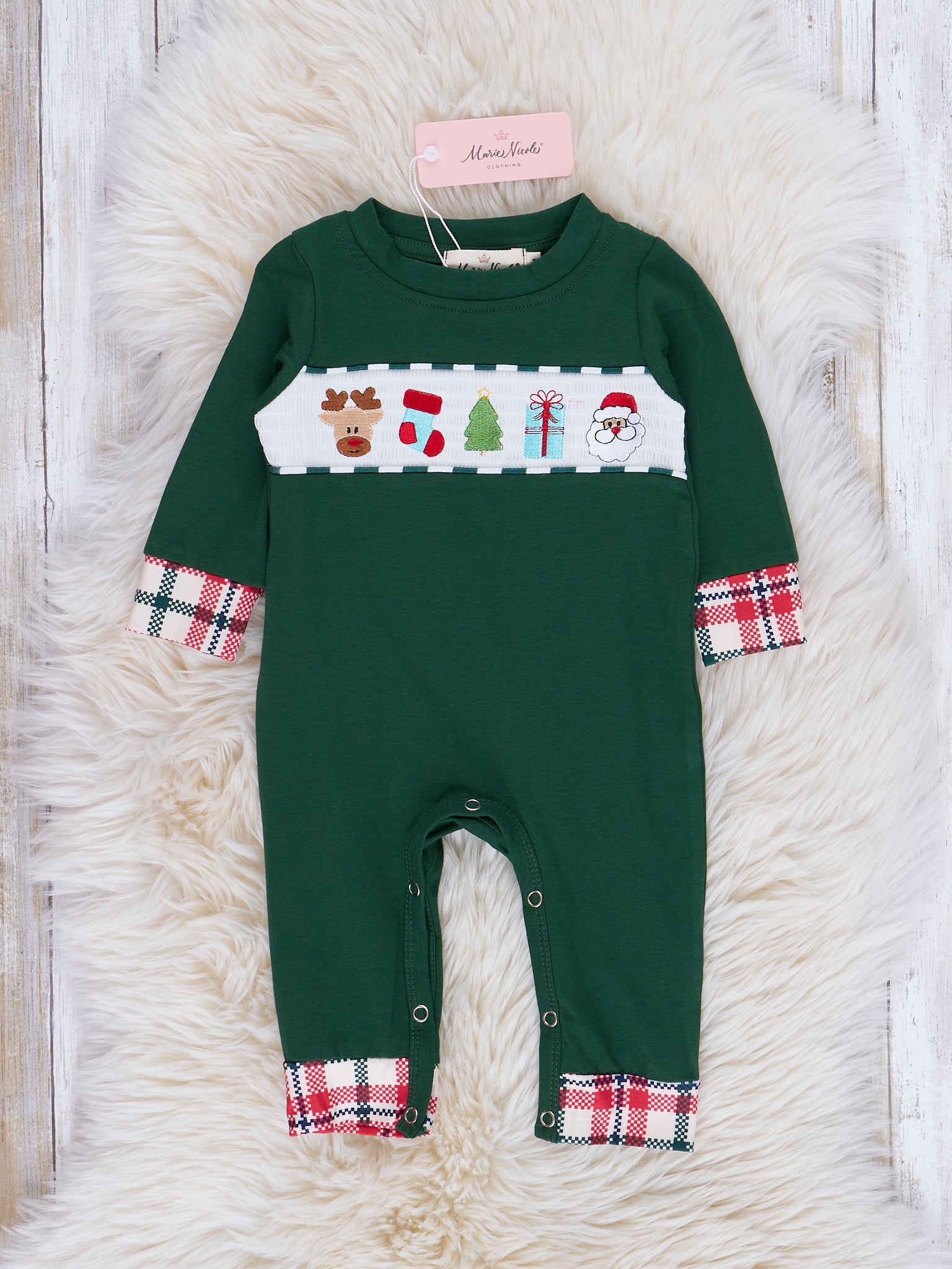 Hunter Green Smocked Holiday Plaid Romper - Marie Nicole Clothing