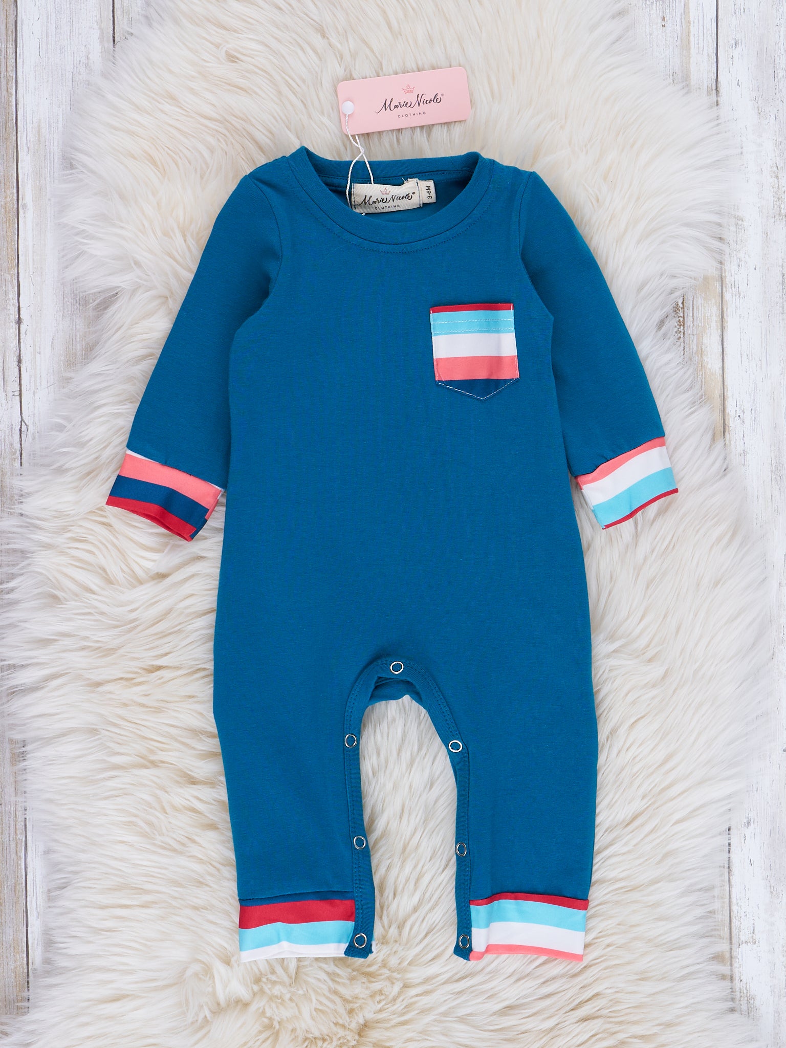 Blue & Peach Stripes Pocket Romper - Marie Nicole Clothing