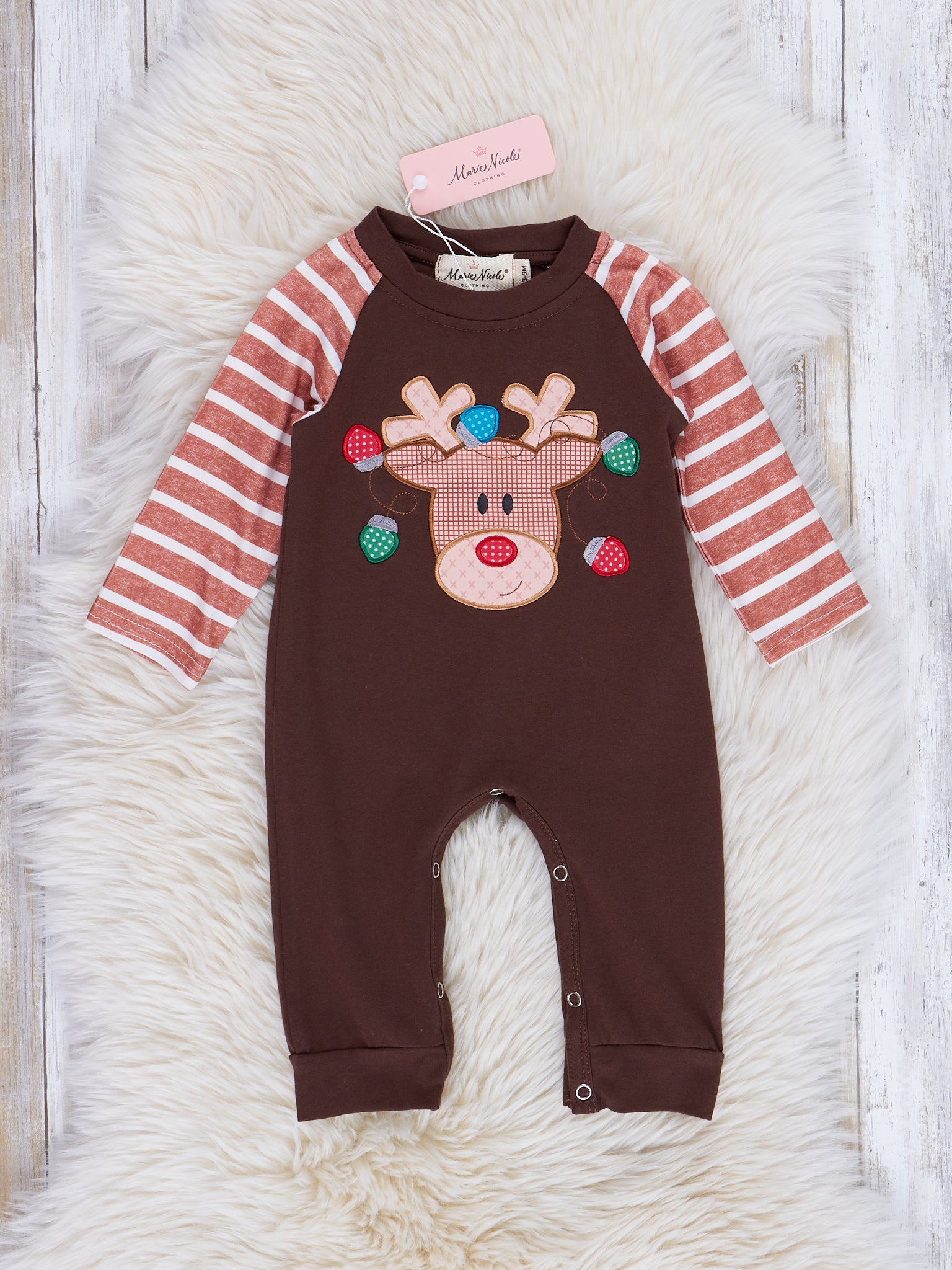 Chocolate & Tan Stripe Embroidered Reindeer Romper - Marie Nicole Clothing