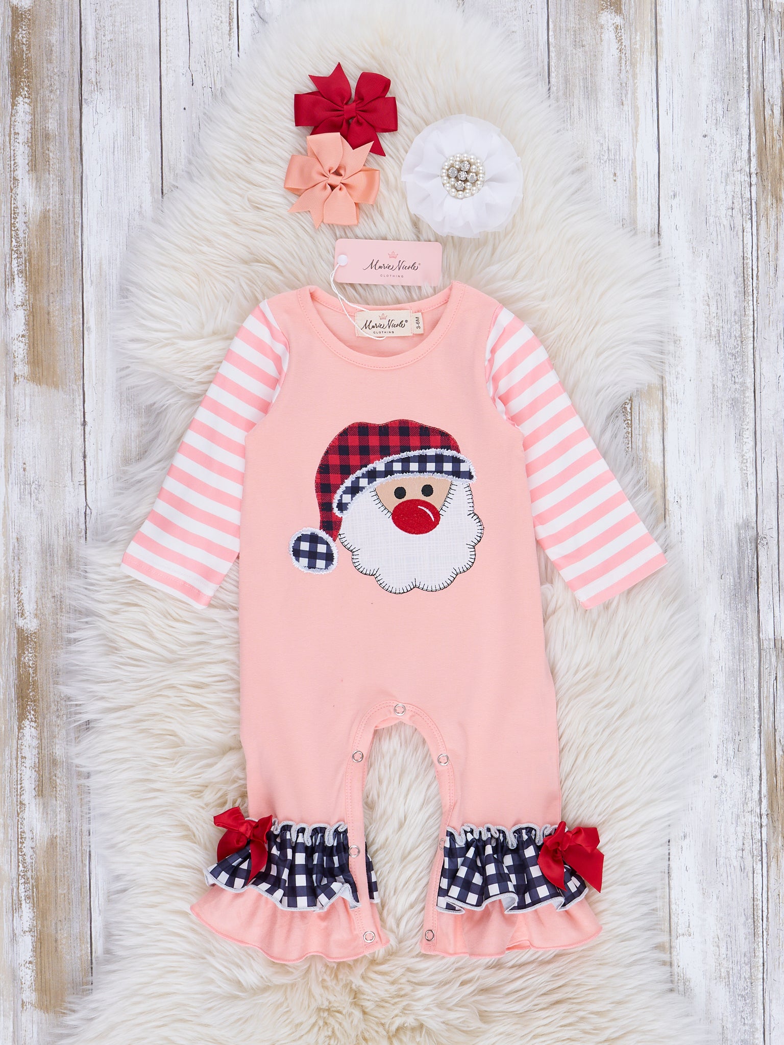 Peach & Navy Gingham Santa Ruffle Romper - Marie Nicole Clothing